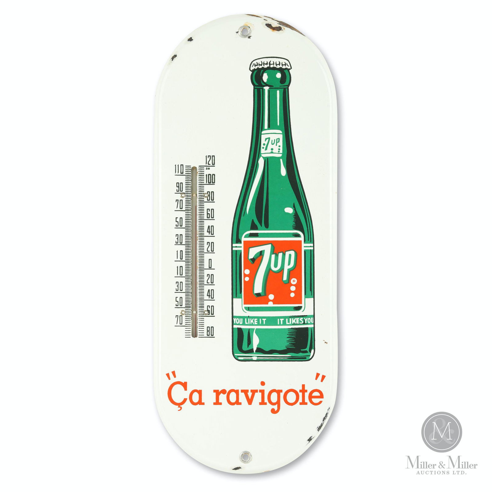 Seven-Up Porcelain Thermometer: Canadian. 1960s. Porcelain. 15 x 6 x 1/2". Exhibits minor porcelain losses, most heavily along upper edge and lower right quarter. Slight warp. CODE:SOD