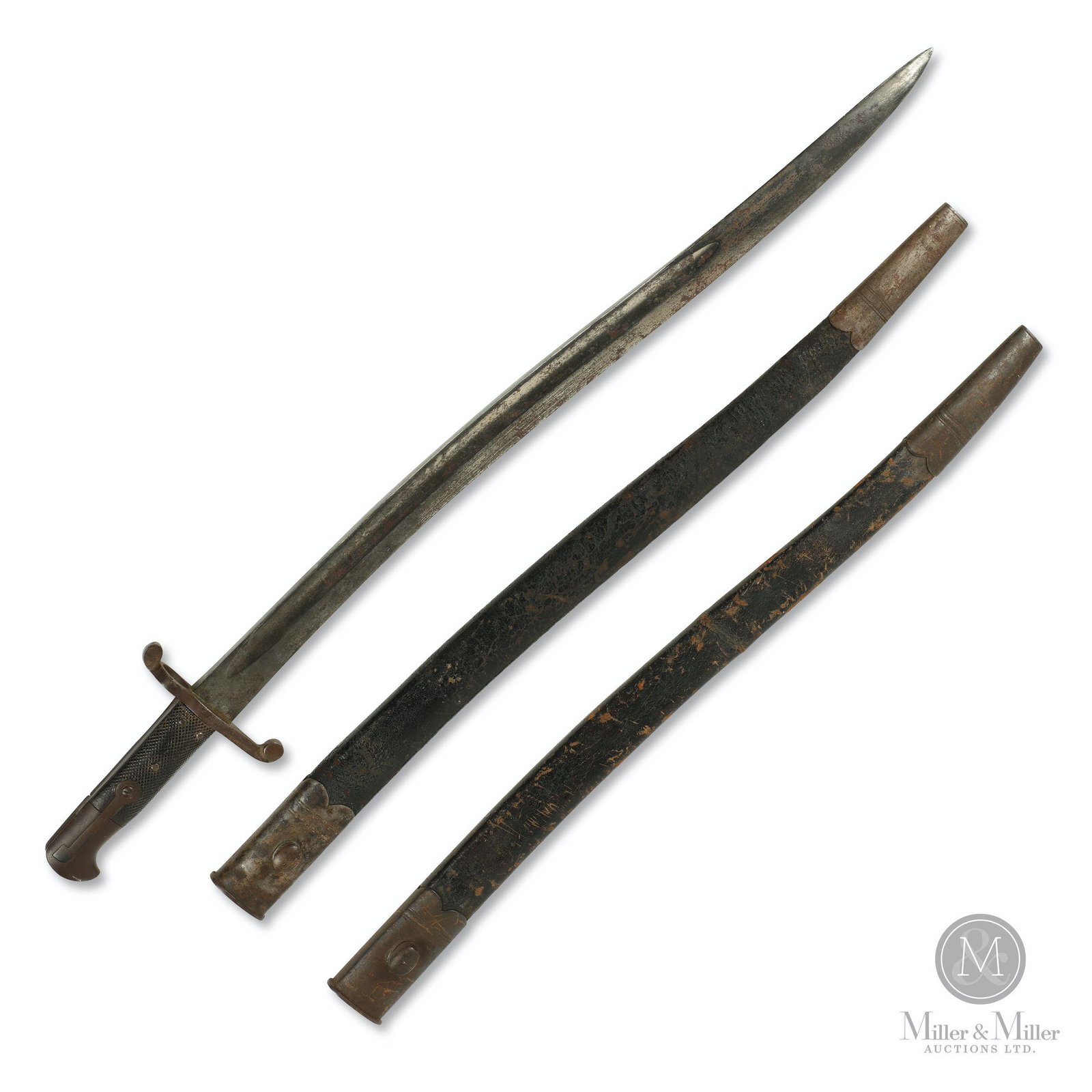 British Pattern 1860 Sword and Bayonet with additional: English. 1870s. Originally would have fitted to a Snider-Enfield short rifle. Bayonet reads for Regiment 7-15, Scabbard reads for 2 III. 23 to 28.75" in length. CODE:MIL