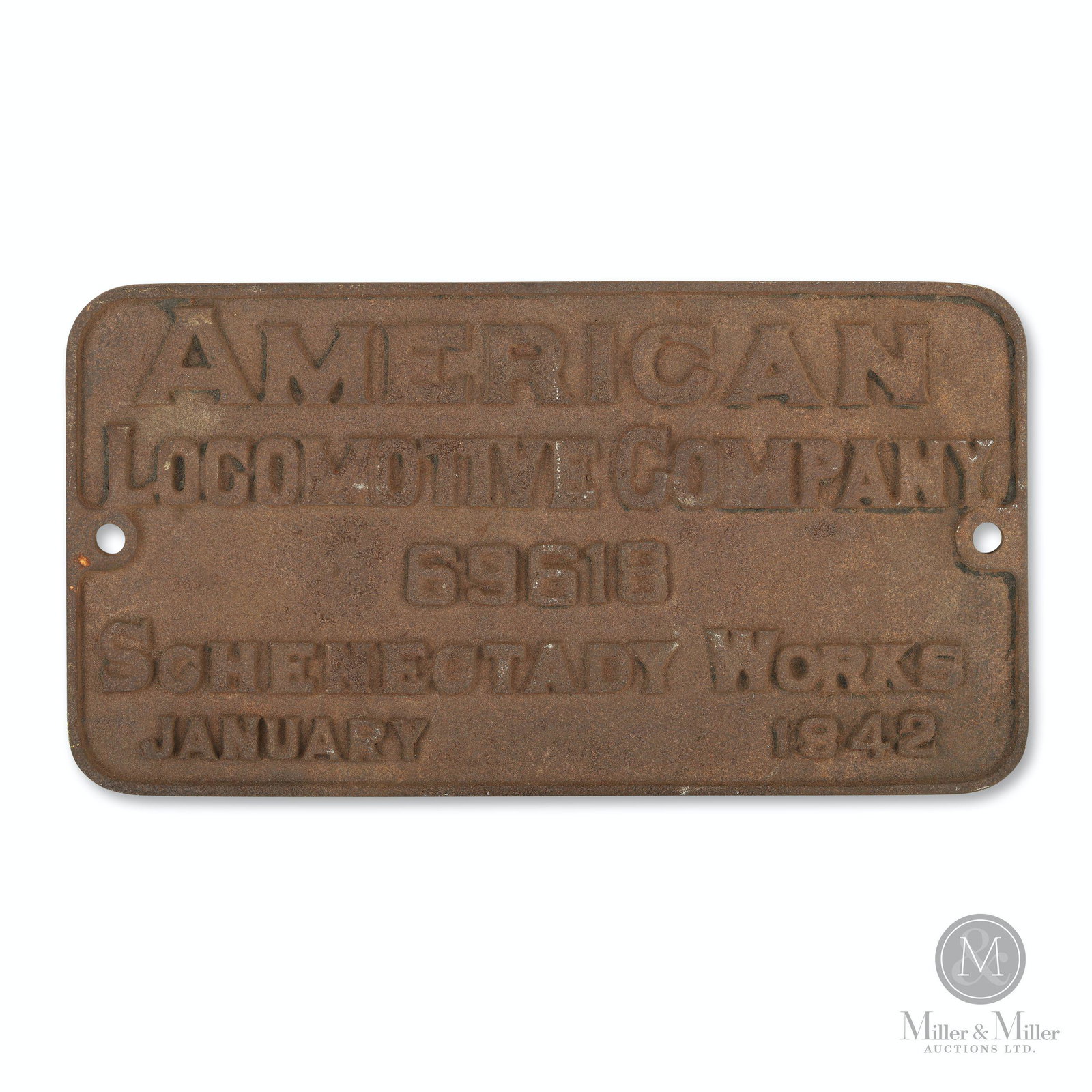 American Locomotive Co. Cast Serial Plate: American. 1942. Cast iron. Stamped, "L6214" rear. 7 1/2 x 14". Surface exhibits uniform oxidation. CODE:RAIL
