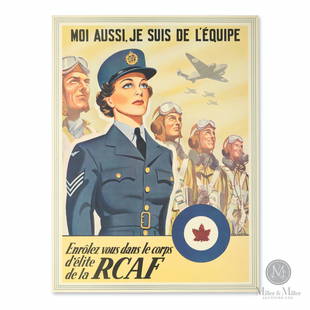 WWII RCAF Women Recruitment Poster: Canadian. 1943. Lithographed paper. Artwork signed, "Ted Harris" lower right quarter. 25 1/2 x 19". CODE:MIL