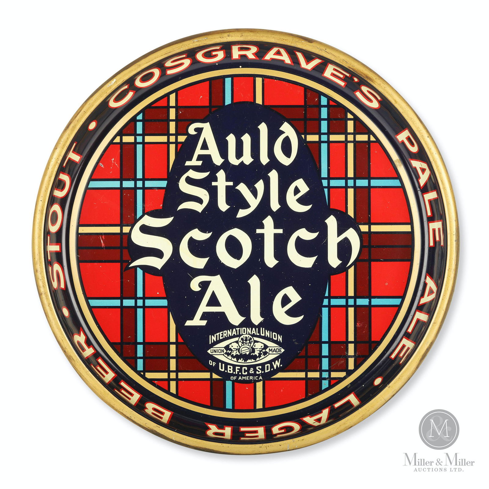 Cosgrave's Auld Style Scotch Ale Tin Litho Beer Tray: Canadian. 1930s. Lithographed tin. 13" (diam.). Exhibits scattered minor surface scratches. Discolouration to extreme edges of rim. CODE:BRE Scott Vanner Collection.