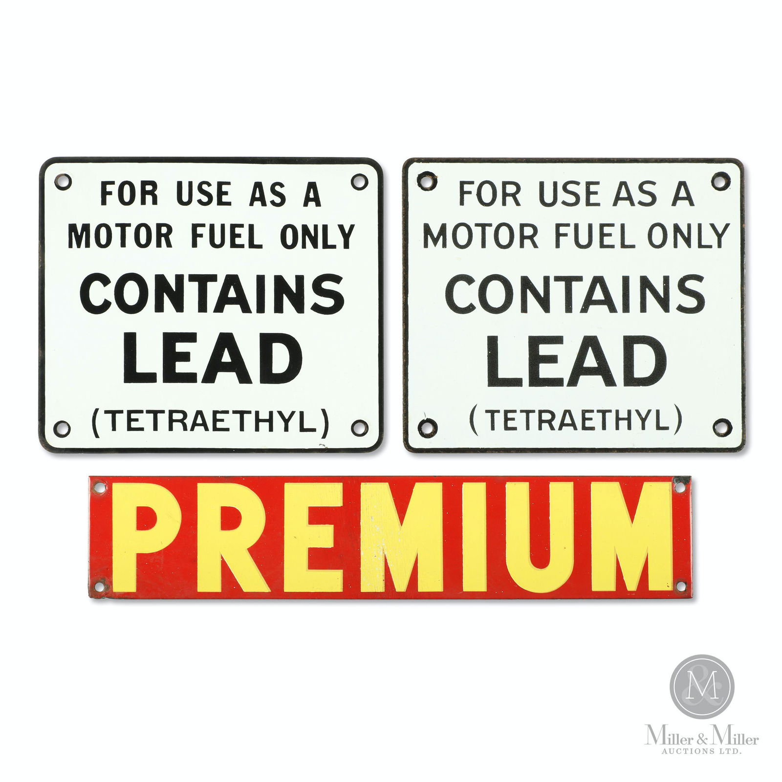 "Premium" and "Contains Lead" Porcelain Gas Pump Signs (1 of 5)