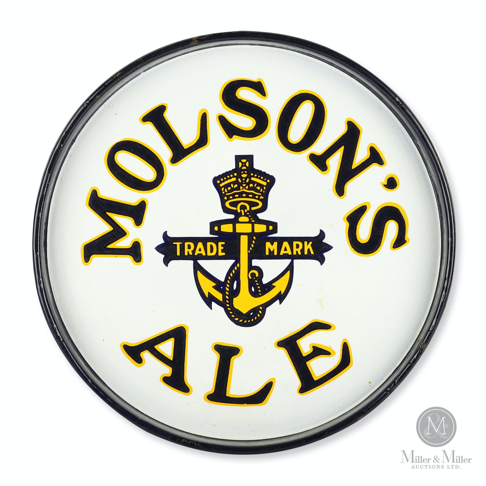 Molson's Ale Anchor Porcelain Beer Tray: Canadian. 1930s. Porcelain. 13" (diam.). Exhibits minor porcelain losses from the rim. A few scattered light stains. CODE:BRE Scott Vanner Collection.