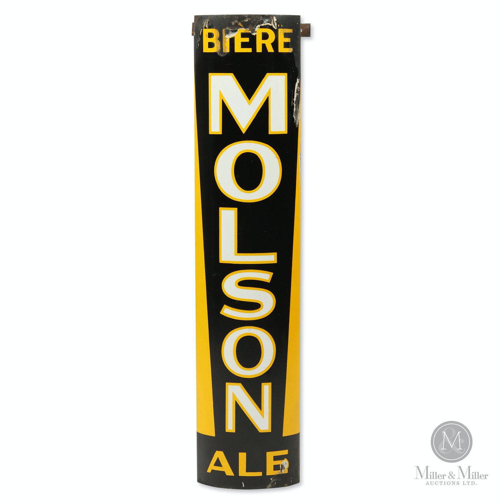 Molson Ale Porcelain Corner Sign: Canadian. 1930s. Porcelain. Retains original upper mounting bracket. Designed for mounting to the exterior corner of a building or post. 30 x 6 1/2 x 2 1/2". Exhibits porcelain losses, some with amate