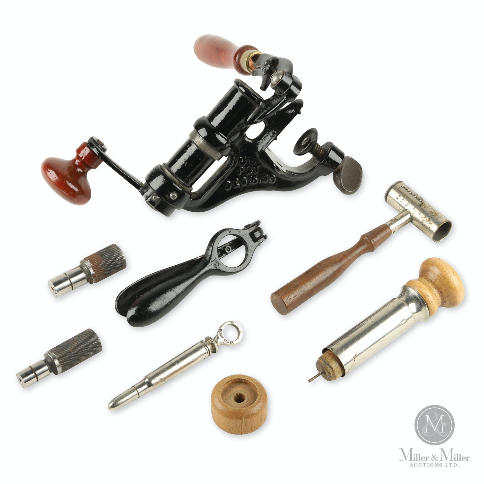 Assorted Shotgun Reloading Tools: Eight (8). American and European. Cast iron and steel. Marked, "US Pat. Dec 5, 93", "R.G. & M. Co.", and "Germany". Don and Joyce Blyth collection. CODE:FIREA