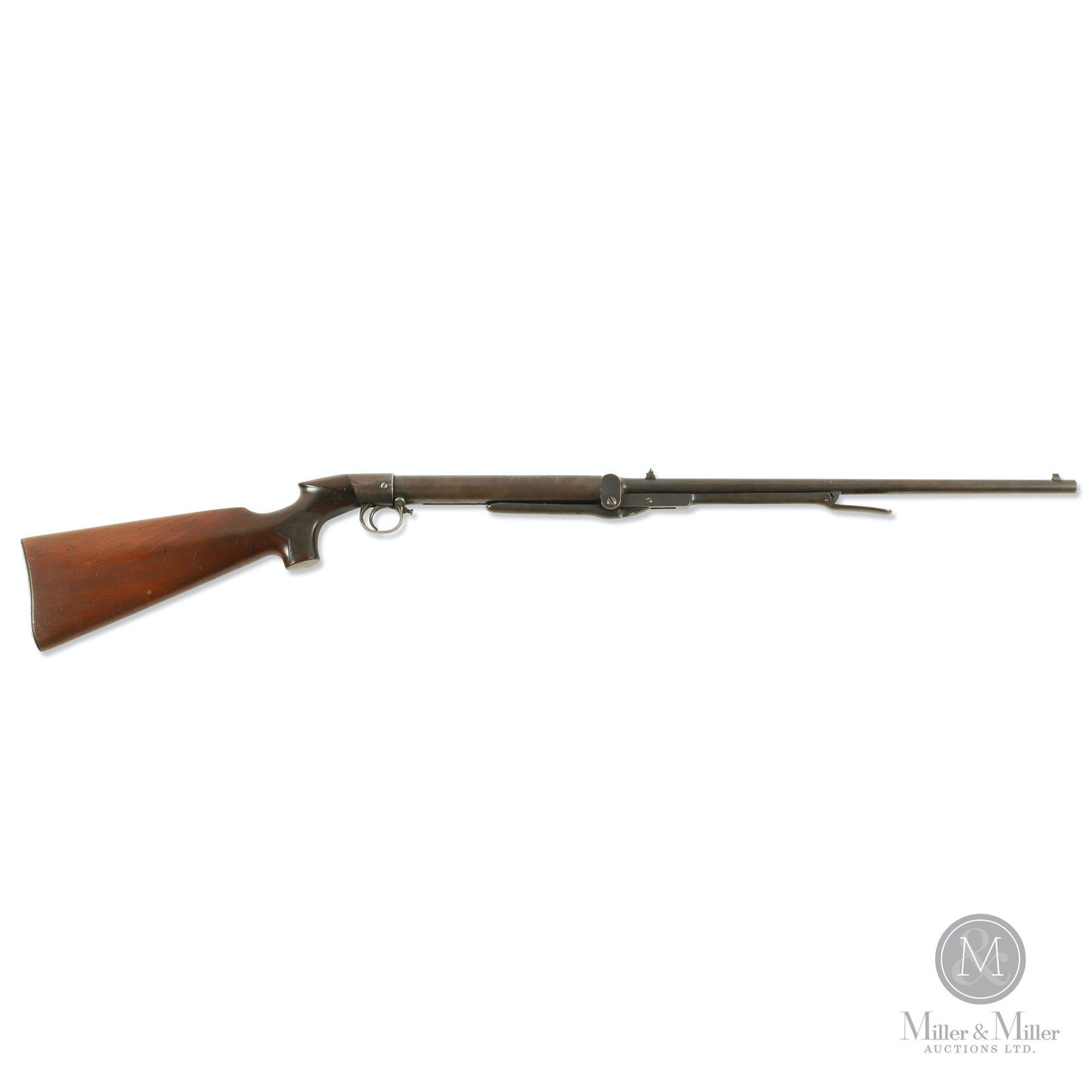 Birmingham Small Arms Co. (BSA), Air Rifle: English. Lincoln Jeffries Patent No 9498. Single shot in working order. Adjustable trigger. Calibre 177. Solid and working, with a small crack in the wood behind the trigger on right side. Don and Joy