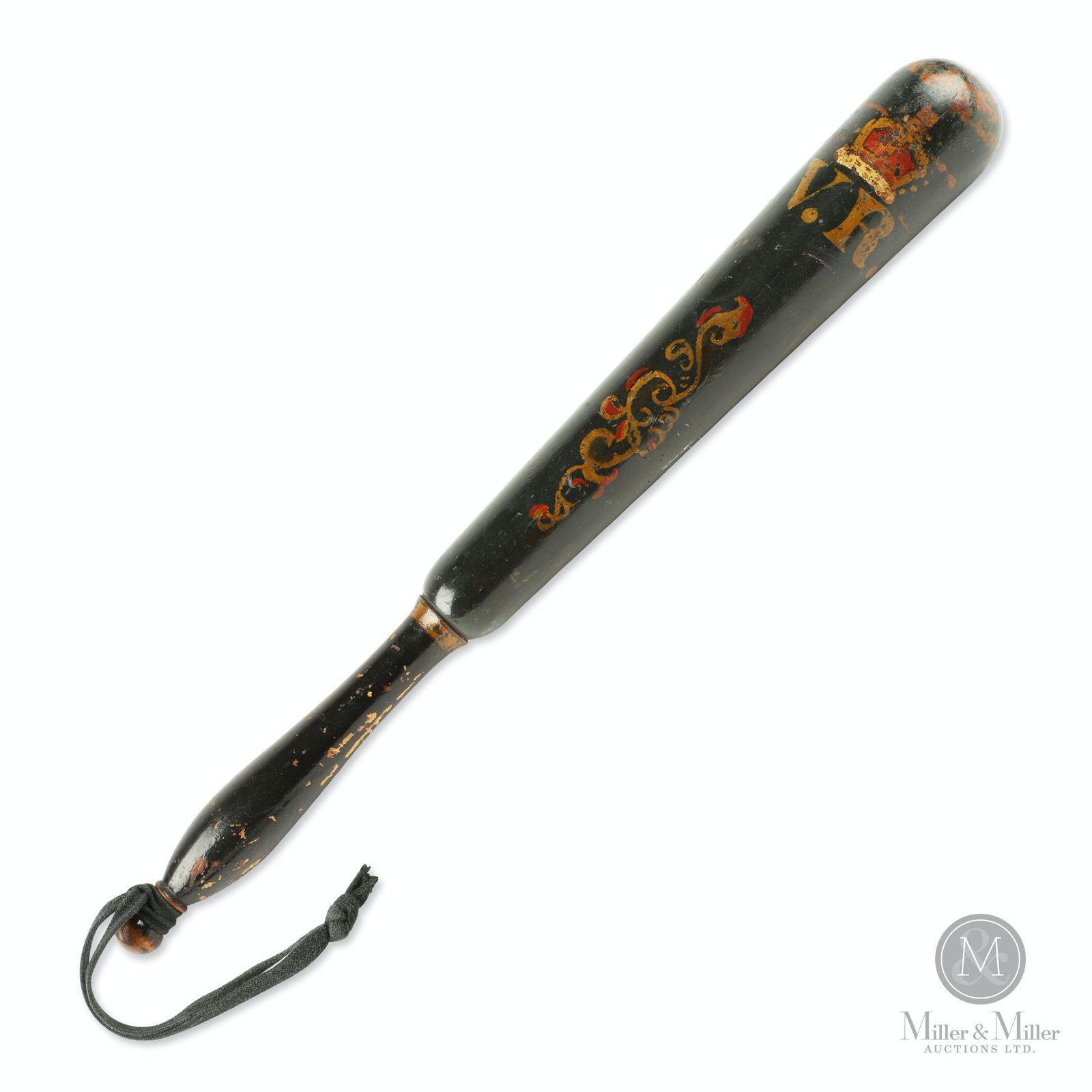 English Painted Billy Club: Canadian or English. 1910s. Painted wood. Also referred to as a Billy stick or "night stick". 16" in length. Exhibits minor surface losses. Don and Joyce Blyth collection.