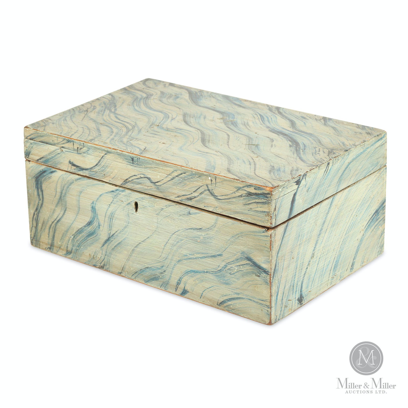 New England Painted Trinket Box: American. Trinket box with decorative marbled paint finish. New England, 19th century. Pine, with rabbeted and nailed sides. Original brass hinges and iron lock. Key absent. The finely executed styliz