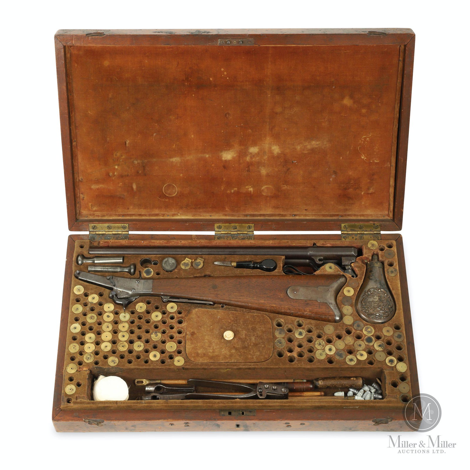 Rare Cased Maynard Percussion Rifle Set: American. Cased with complete set of accessories as well as 30 rounds of 35-30. 63 rounds total, some loaded, most just empty shells. Cleaning rods, bullet mould, powder flask, powder tin, patch cutte