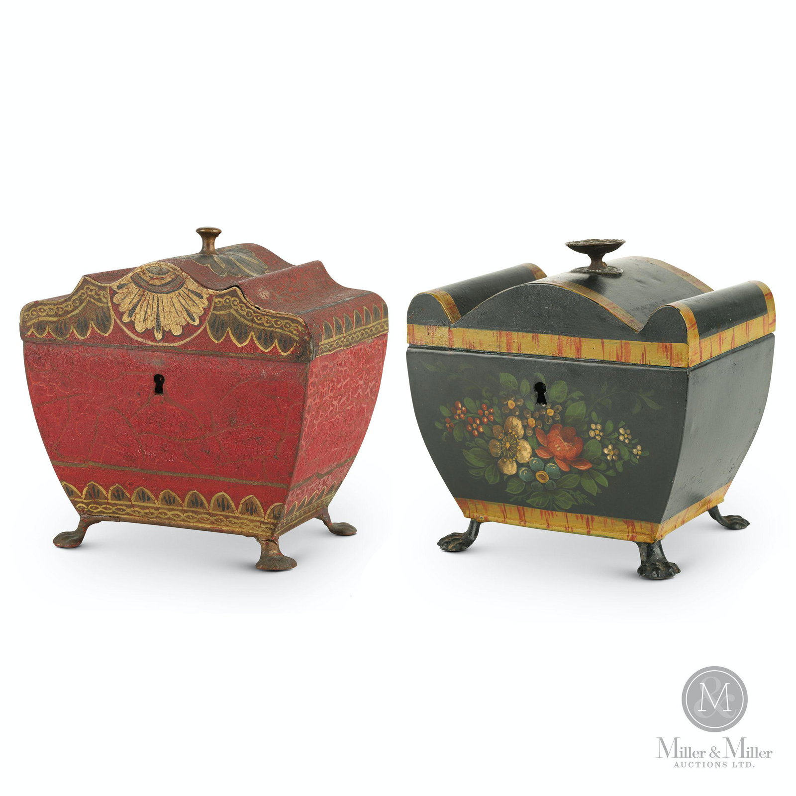 Regency Period Tole Tea Caddies: Regency period Tole Tea Caddies. English, early 19th century. The first with cast lions paw feet, original brass rosette handle to lid. Two compartment interior, now with later blue paint. The exterio