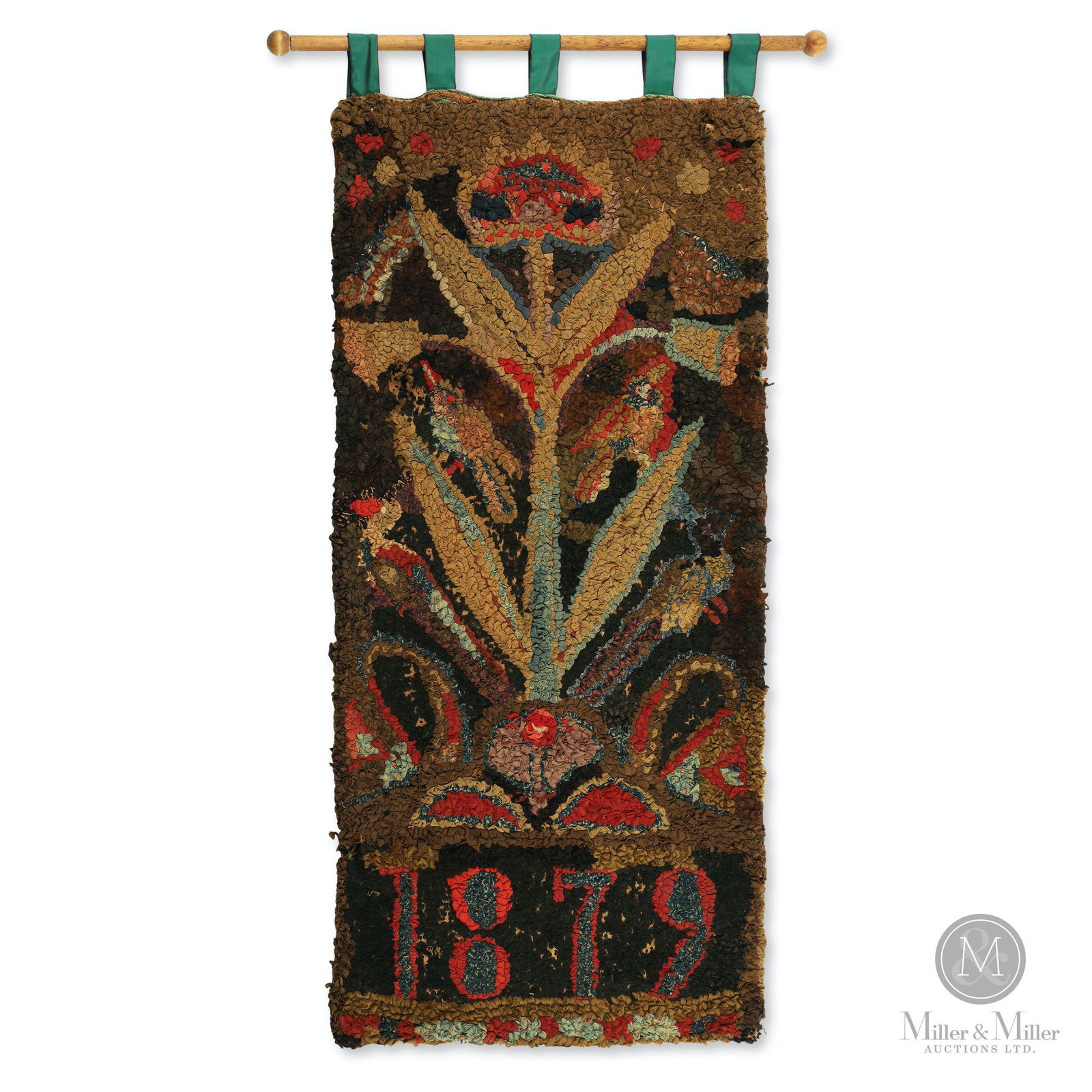 American Floral Hooked Rug: American hooked rug, Cotton on burlap foundation. With symmetrical flower design above a large panel with date â€œ1879”. Strong colour with very little fading. Now with sewn tabs for wall ha