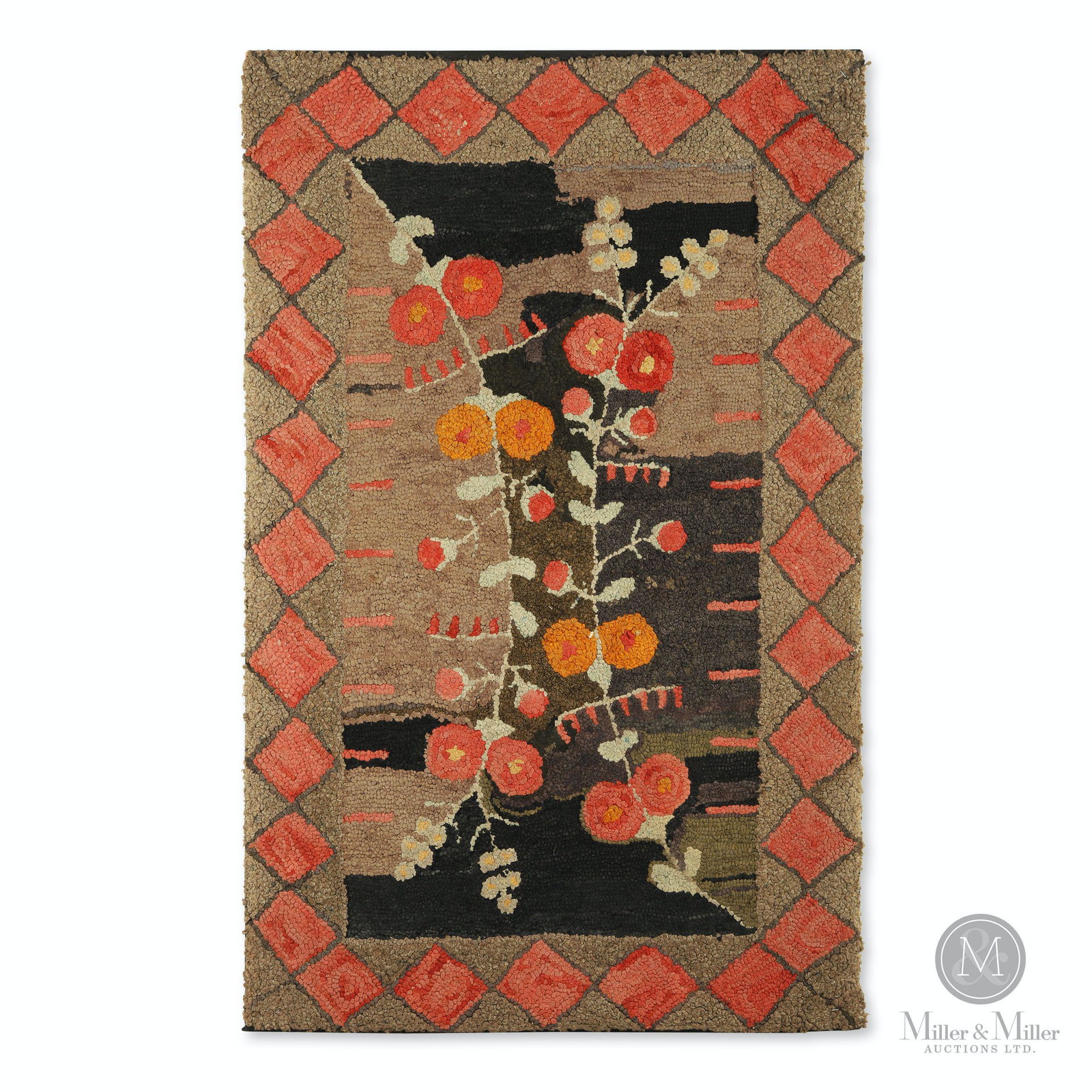 Wellington County Hooked Rug: Ontario hooked rug allegedly hooked by "Mrs. Goetz" of Clifford, Wellington County, Ontario. Late 19th century. Central design of hollyhocks, also in red and orange on a brown and black field, surroun