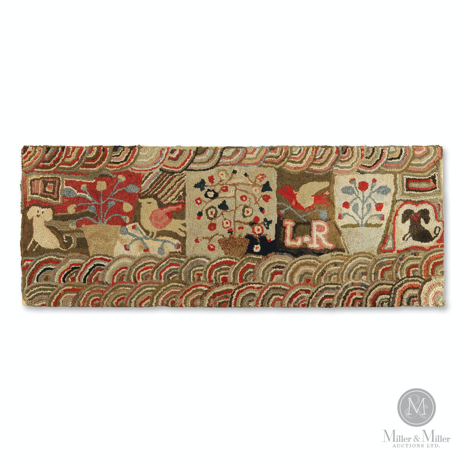 Monumental Signed Folk Art Hooked Rug: Folk Art hooked rug. Late 19th-early 20th century. The predominantly cotton rug is on a burlap foundation, The design organized horizontally with single fan border to top and double fan border to bott