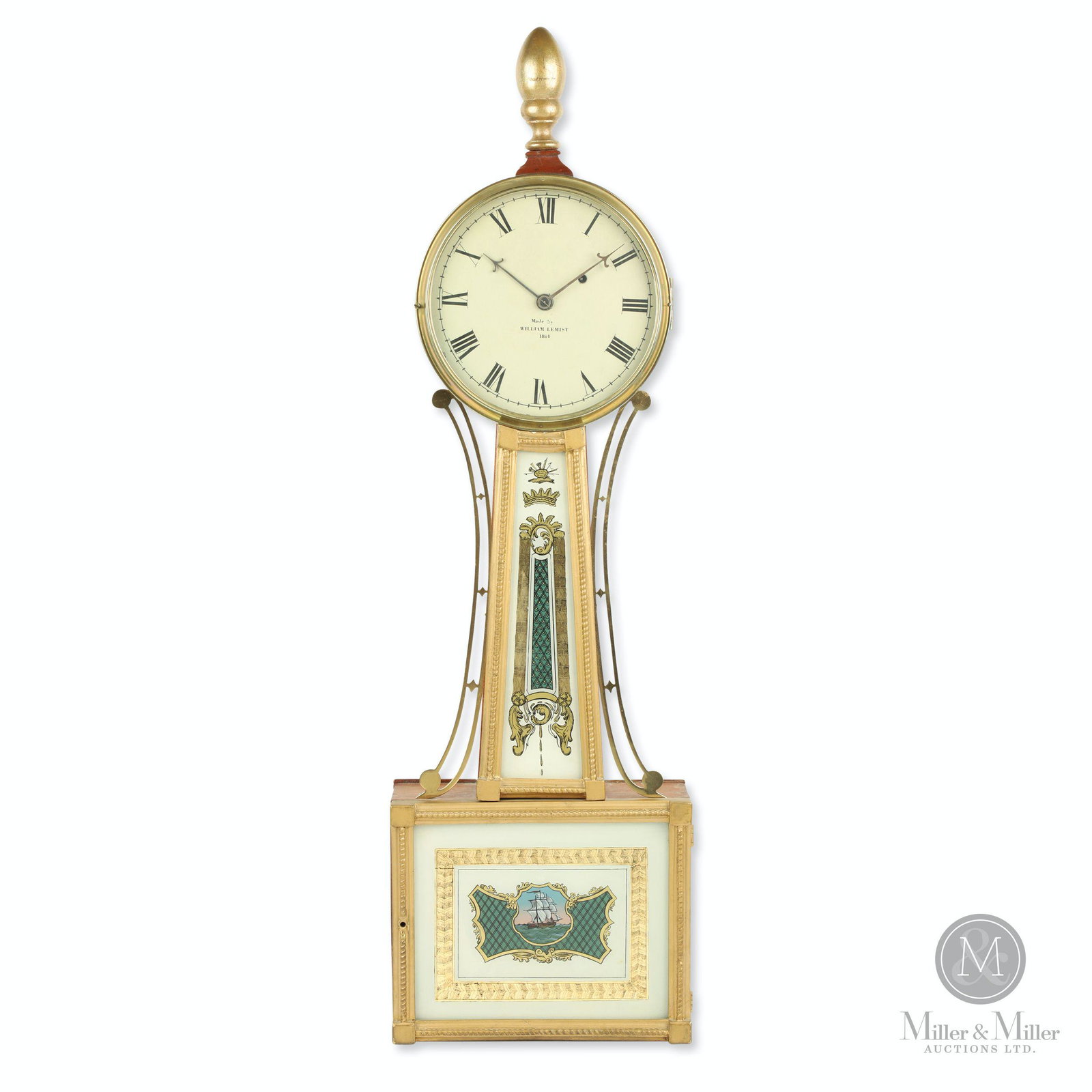William Lemist, Square Bottom Banjo Clock: American. Circa 1814. 34 x 10 x 3 3/4". A fine square banjo clock by William Lemist. William & Tappon, W. B. were listed watchmakers in Philadelphia from 1816-1819. Fred Kolishenko Collection.