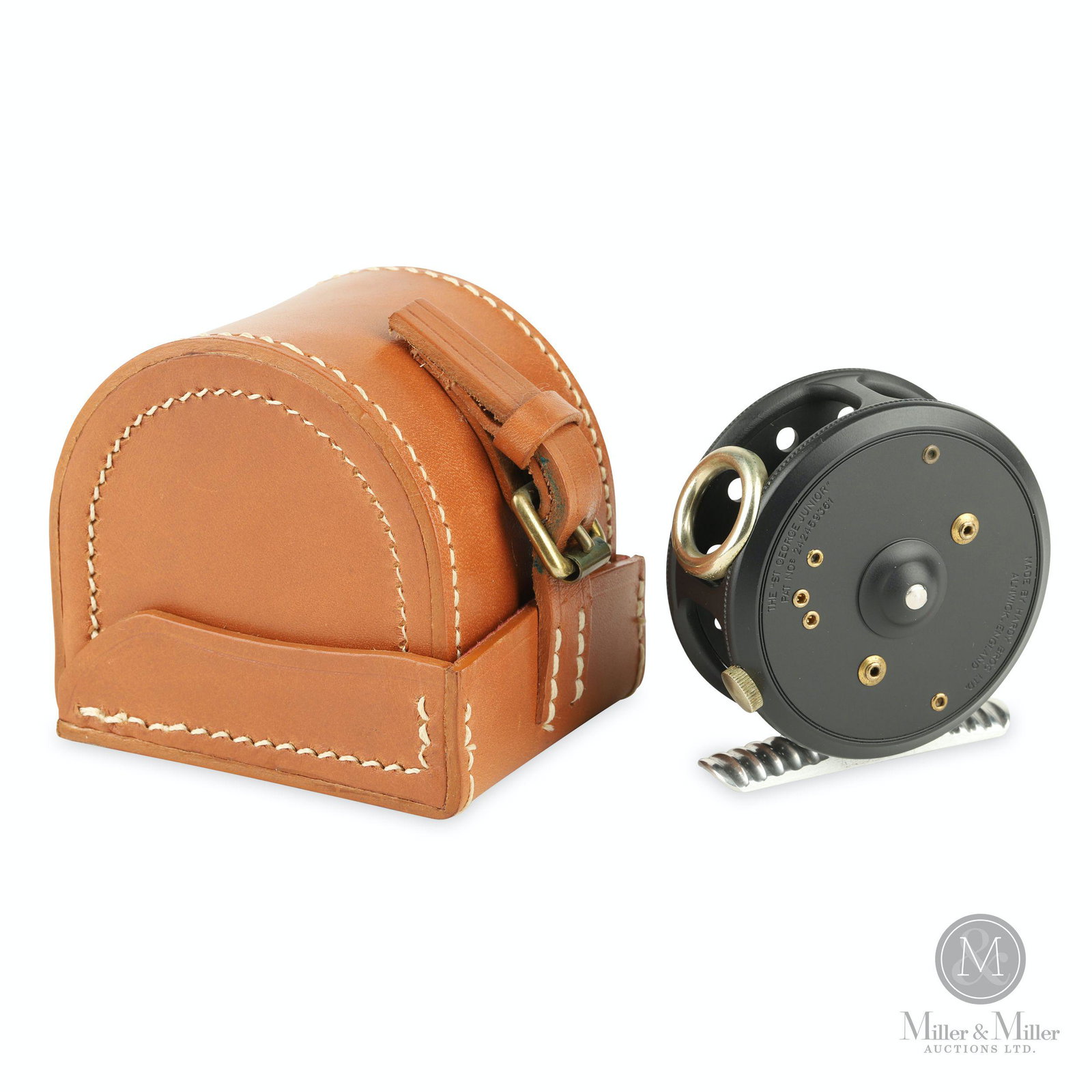 Hardy Bros., St. George Junior Fly Reel: English. Unused in original case with literature. Stamped, "Made by Hardy Bros Ltd., Alnwick England / The Saint George Junior Pat Nos 2422459361". 2 1/2" diameter. Mechanically functioning. Marty Osl