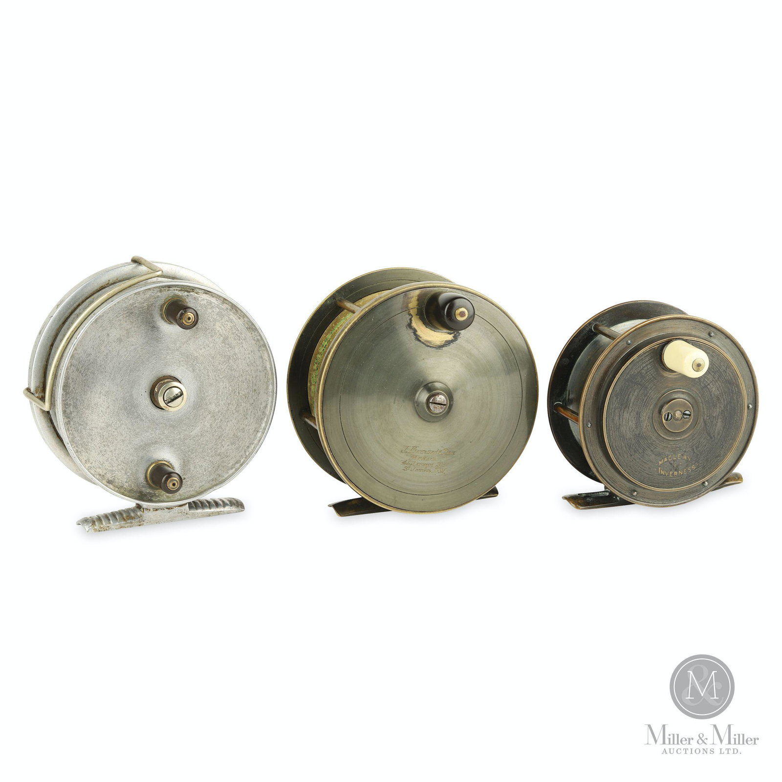 Macleay, Bernard & Hardy Bros. Salmon Fly Reels: Three (3). English. Stamped, "The Longstone Brit Pat No. 24245 Size 4 1/2" / Made by Hardy Bros Ltd. Alnwick, England", "J. Bernard & Son Makers, 45 Jermyn St. St, James S.W" and "Macleay Inverness". 