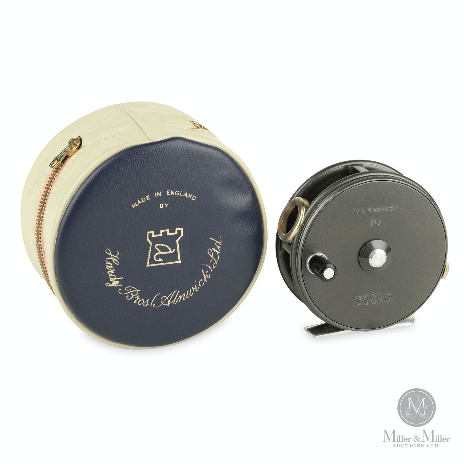 Hardy Bros., Perfect 3 3/8" Fly Reel: English. Cased. Agate line guide exhibits no cracks. Stamped, "The Perfect 3 3/8 / Made by Hardy Bros Ltd. England". 3 3/8" diameter. Mechanically functioning. Marty Osler collection.