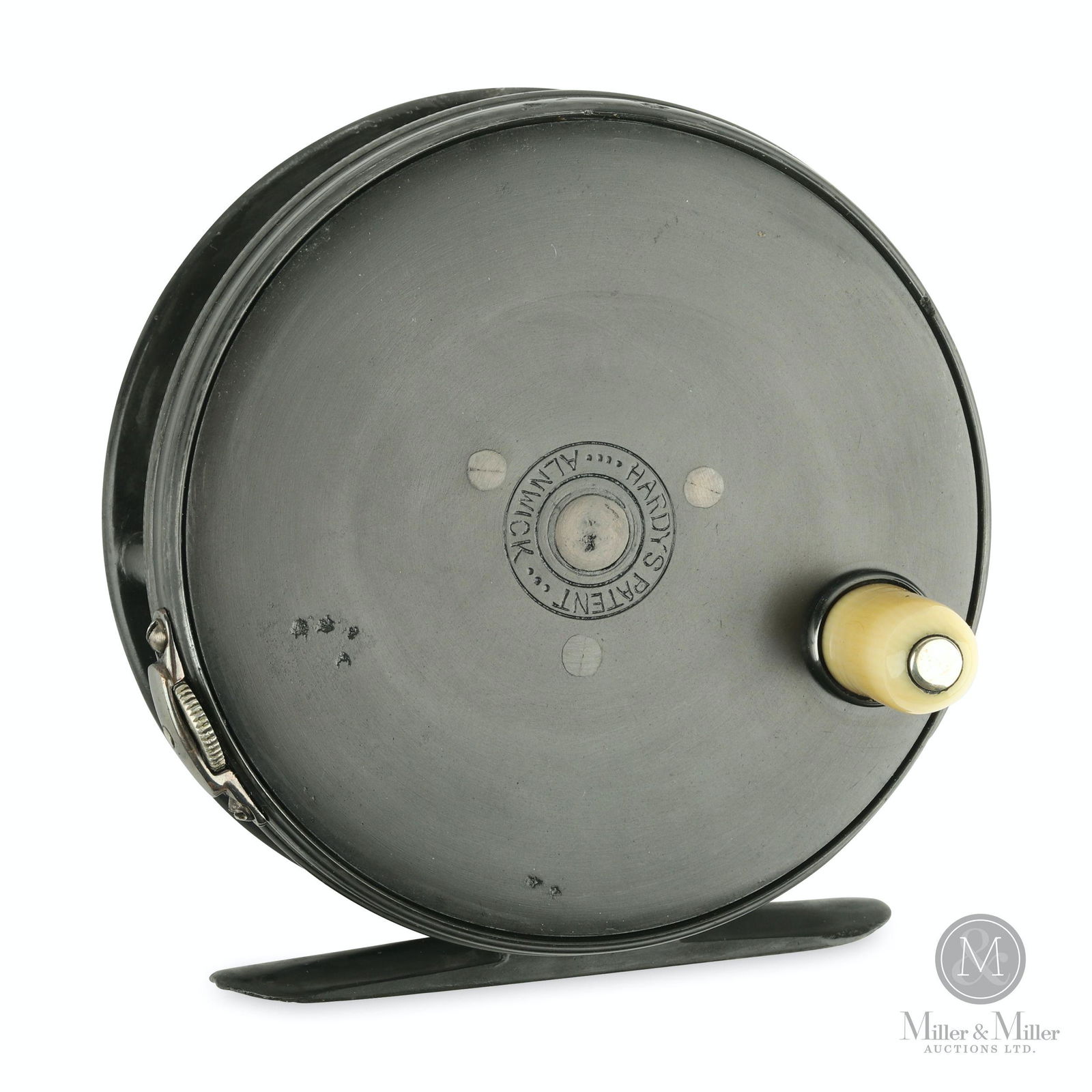 1904 Hardy Bros., Perfect Trout Fly Reel: English. Left hand thread drum locking screw. Stamped, "Hardy's Patent Alnwick". 3" diameter. Minor casting pits. One bridge exhibits a line stripe. Marty Osler collection.