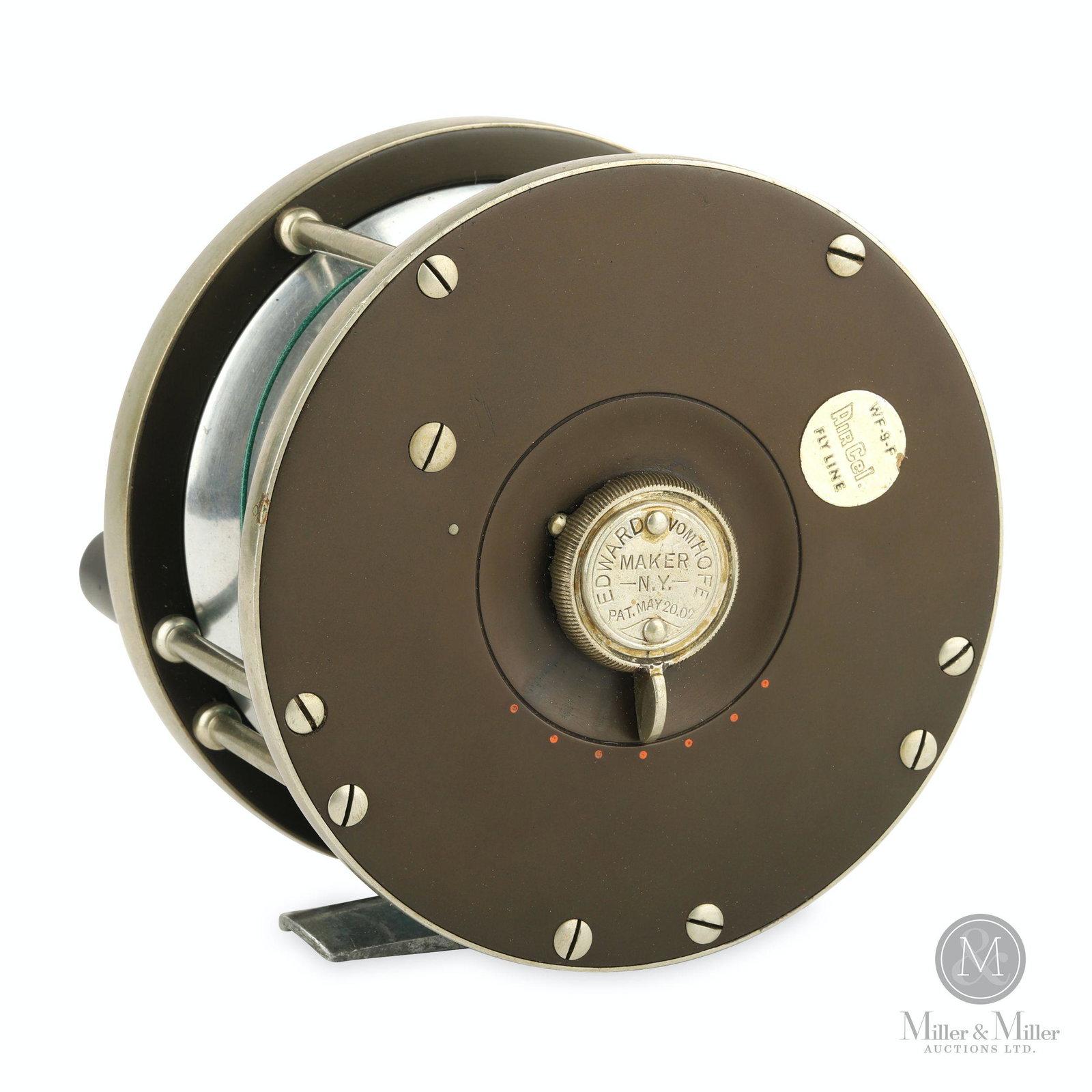 Edward Vom Hofe, Model 423 6-0 Fly Reel: American. Right hand. Stamped, "Edward Vom Hofe Maker N.Y. Pat. May 20.02". Decalled, "WF-9-F AirCel Fly Line". Stamped, "423 6-0" on reel seat. Serial "E165" stamped to reel seat. 4 1/4" diameter. Me