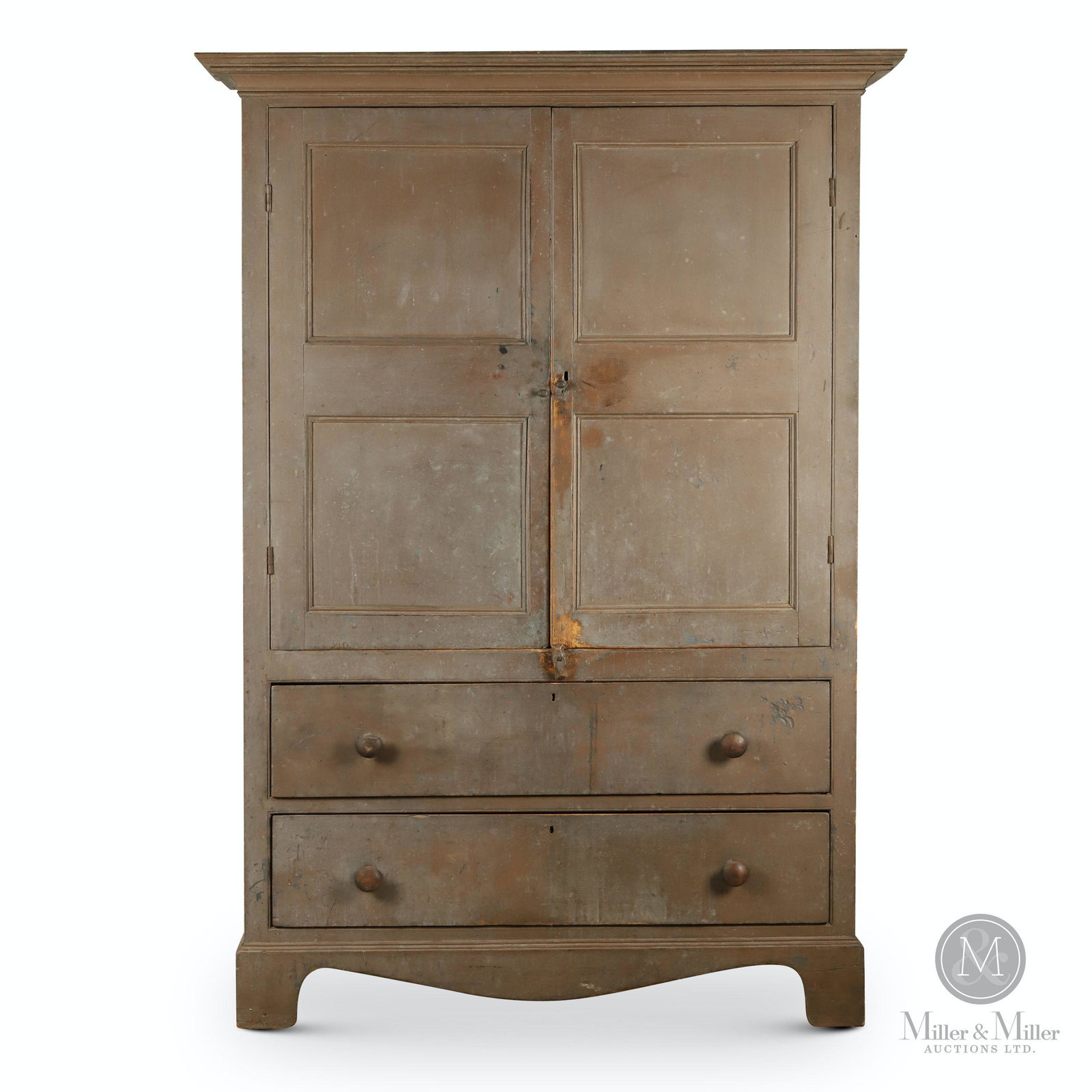 Ontario Painted Pine Linen Press: Painted pine linen press, ca: 1840. Found north of Oakville in Halton County. The case of one-piece construction with two doors, each with two flat panels surrounded with finely profiled moldings. Int