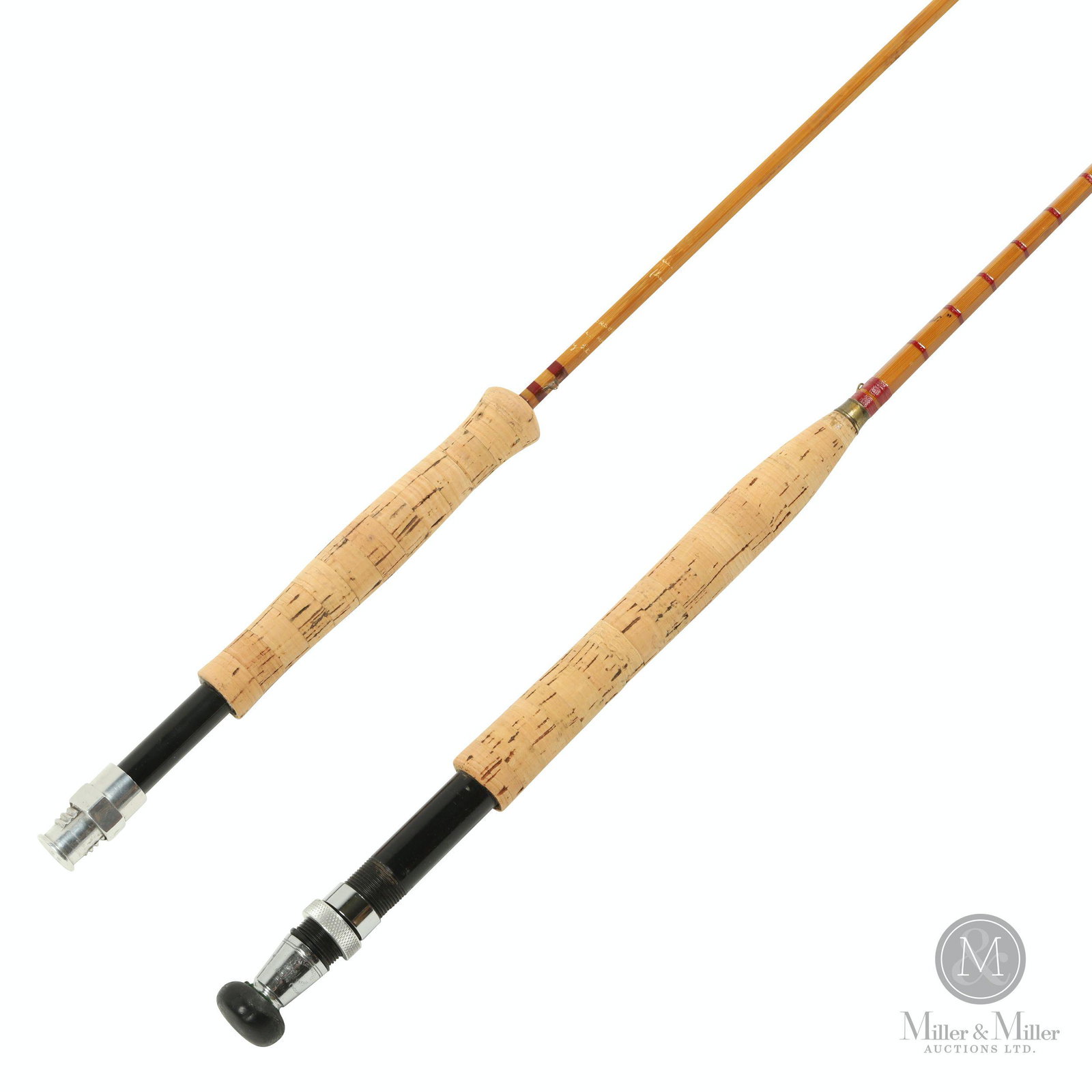Lt. Col. Oborn, "Tenacity" and S. Allcock, "The Test": Two (2). English. Bamboo. Allcock rod retained in original tagged sleeve. Marked, "S. Allcock & Co. Ltd. Made in England" / "The Test" and "Tenacity - Handbuilt - Cane" / Built by Lt. Col. Oborn, Marn