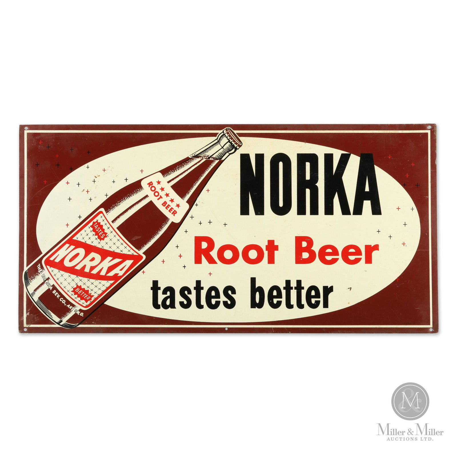 Norka Root Beer Sign: American. 1950s. Single sided tin (SST). Marked, "M-C-A 1229" lower left edge. Condition: 8.5. Minor scattered surface scuffs and impacts to corners. 12" H x 24" W.