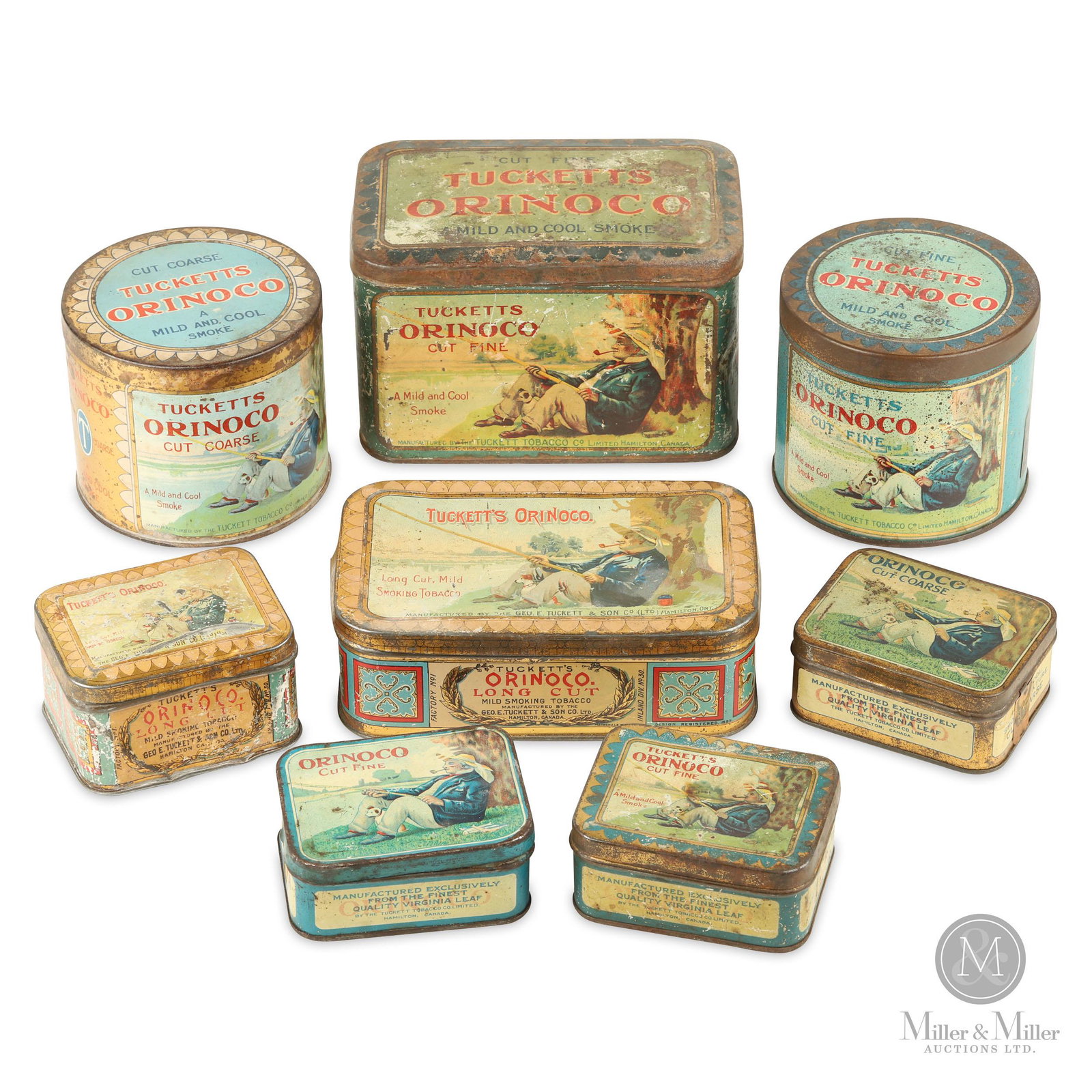 Tucketts Orinoco Tobacco Tins: Eight (8). Canadian. 1890-1920s. Lithographed tin. Each marked, "Manufactured by the Geo. E. Tuckett & Son Co. Limited, Hamilton, Ont.". 3 1/2 to 6 1/2" in length. Domenic Malfara collection.