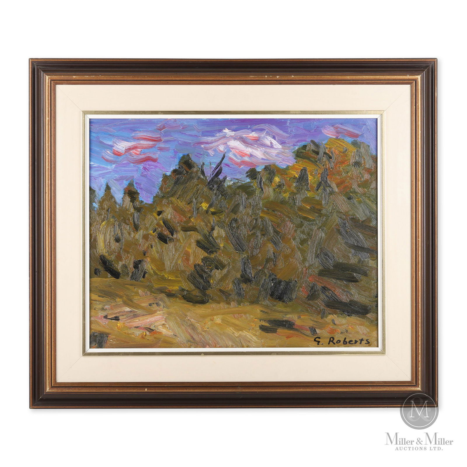 Forest Landscape by Goodridge Roberts: Oil on canvas by Goodridge Roberts (1904-1974), CM, RCA, of a forest landscape with brilliant blue sky, possibly a Georgian Bay view. Goodridge Roberts was a Canadian artist noted for his landscapes a