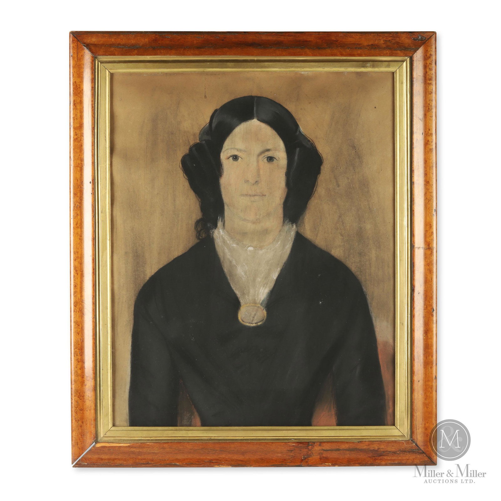 Pastel Portrait of a Woman: A pastel on paper of a woman with gold brooch. Untouched, in the original birdseye maple frame. 2nd quarter 19th century. Sight: 26" x 21". CODE-PFA