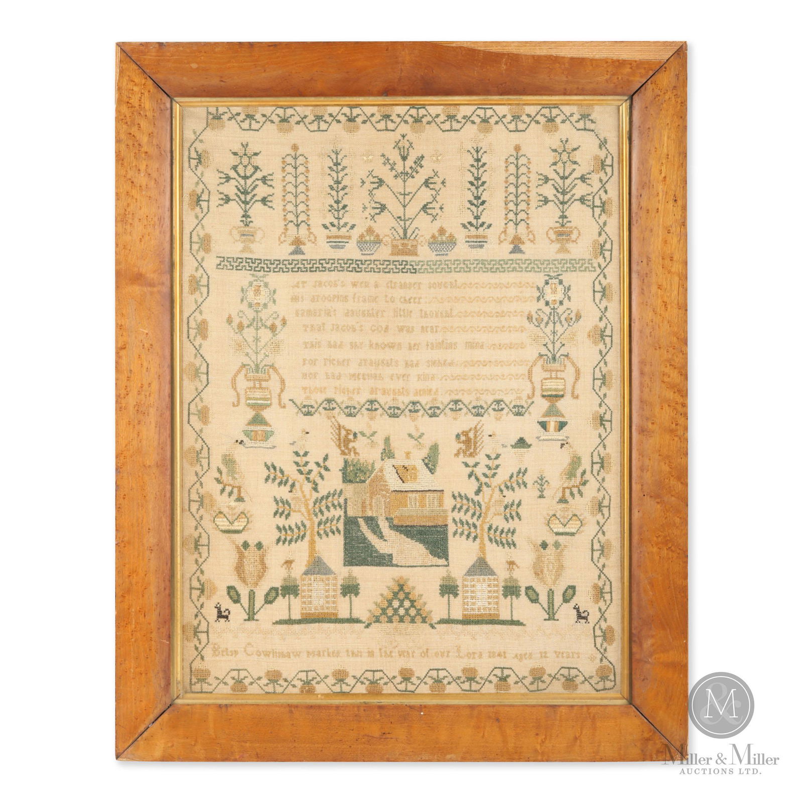 1841 Sampler: Sampler executed by Betsy Cowlissaw, 1841, at twelve years of age. In good condition with some darkening to the linen background, the sampler is stitched in green, ochre and beige thread and has a cen