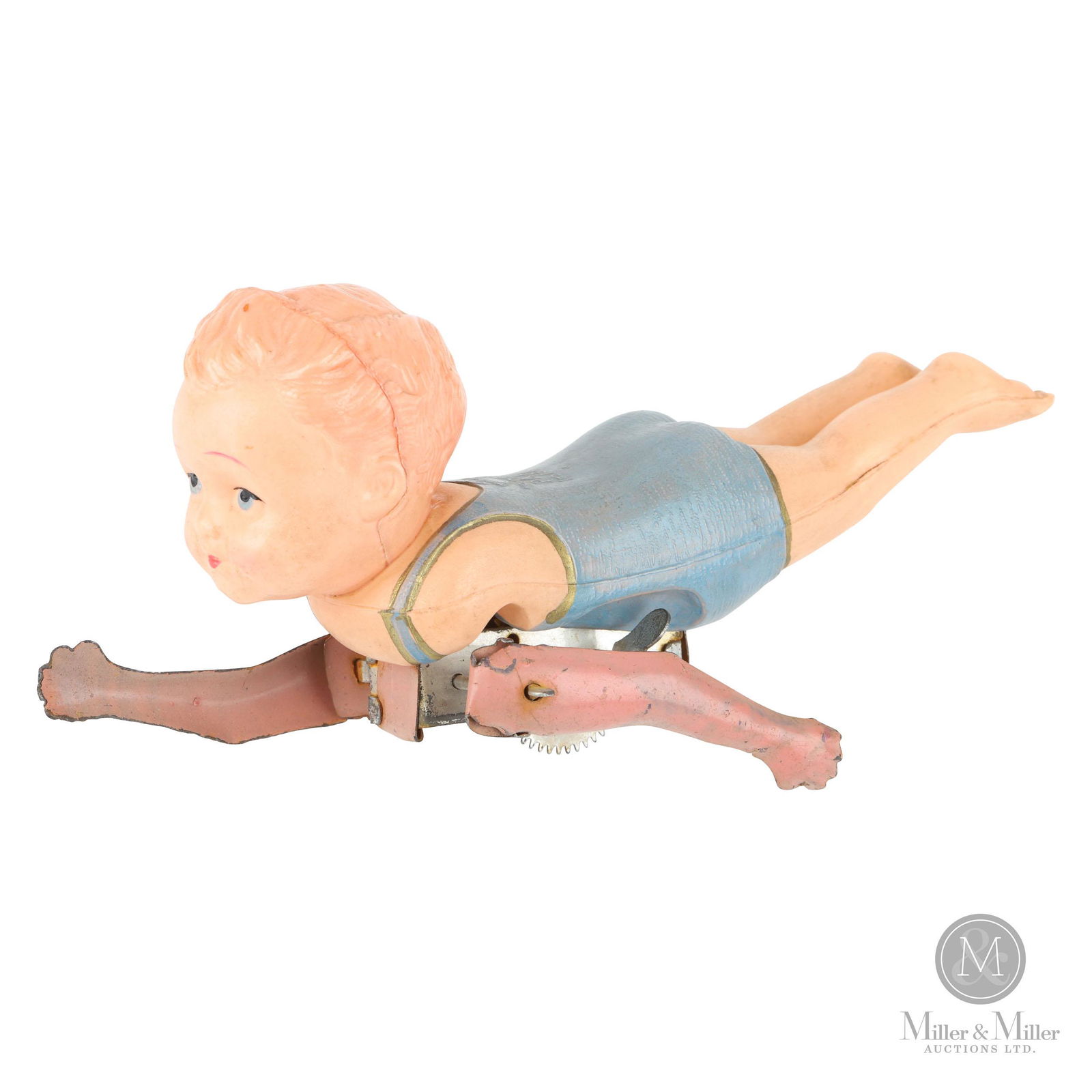Japanese Celluloid My Friend Swimmer: Wind up toy. From the Tanenbaum Collection. Tin, celluloid. Marked "CK Patent". In working order. A little light soiling is evident on the celluloid and a little surface wear and resulting oxidation e