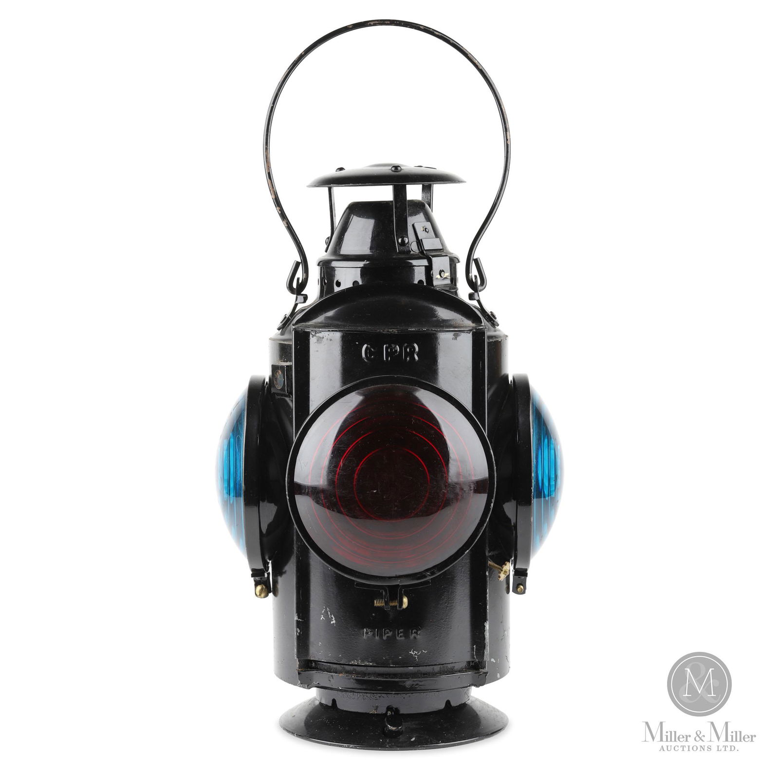 Piper CPR Caboose Lantern: Complete with correct font, burner and Pyrex chimney. Stamped, "Piper CPR". Repainted. Some light scratches evident. Canadian. 1930s. 15.25" H x 10.5" diameter. CODE-RAIL