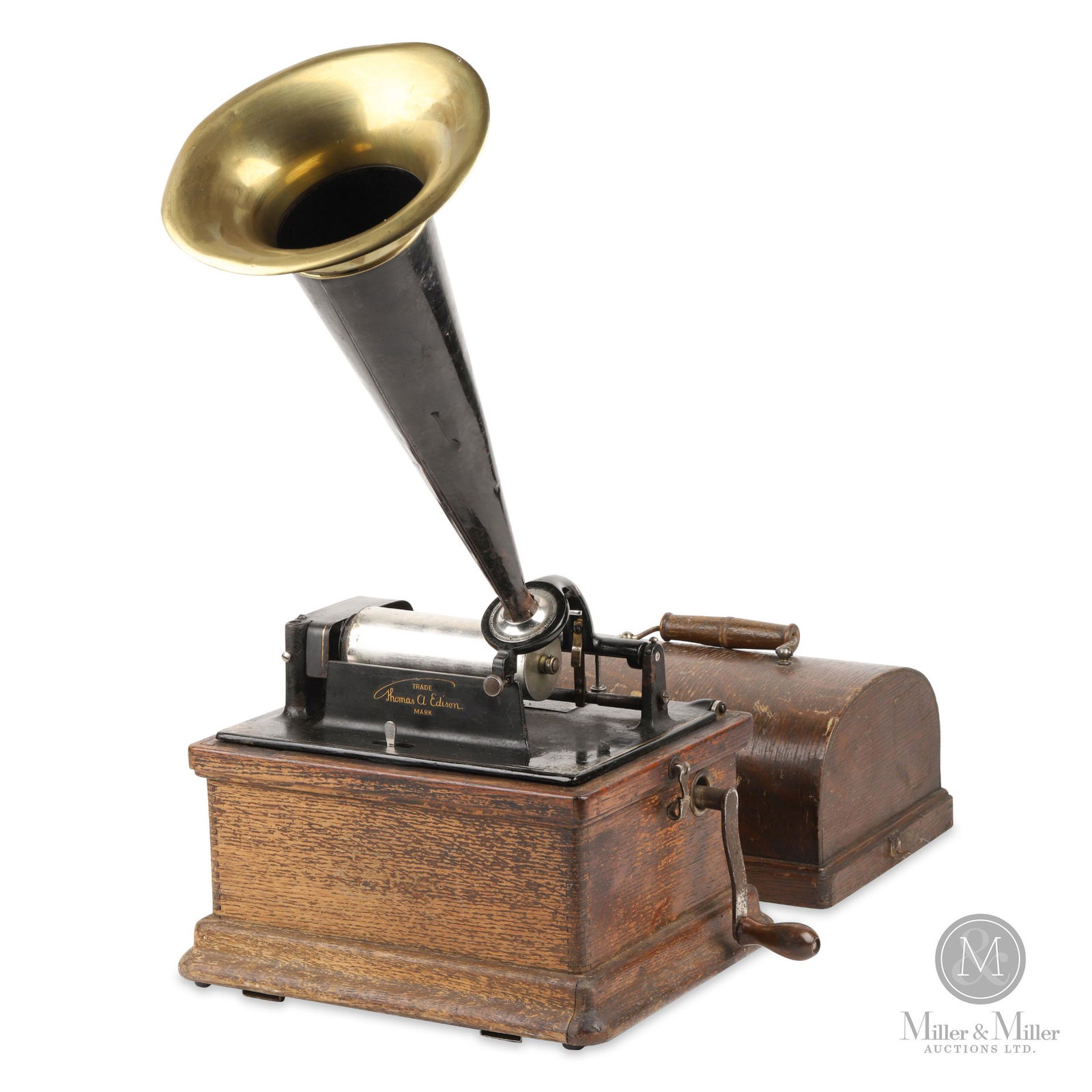 Edison Fireside Model B Cylinder Phonograph: The Model B is 4-minute only but this example is equipped with a 2-minute C reproducer and 14" witch hat horn. SN 114736. From the Horst Weggler Collection. Oak. Complete and working, but runs unevenl