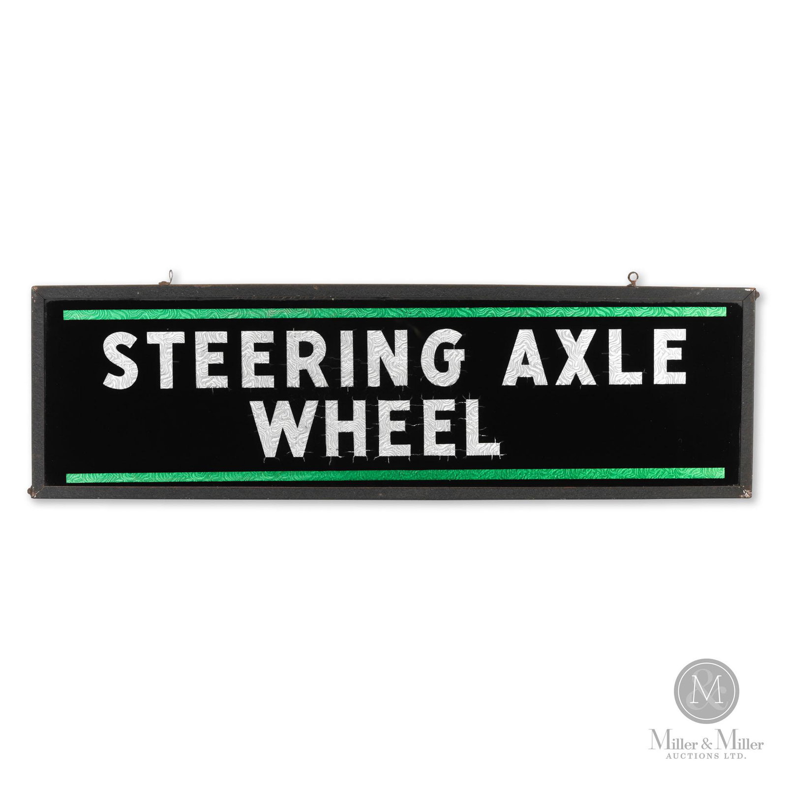 Steering Axle Wheel Reverse Glass Foil Sign: Glass is mounted in the original metal frame with a cardboard backing. Minor delamination of reverse paint isolated around lettering. Condition 8.25. RGF Reverse glass foil. Canadian. c1910. 8.5" H x 