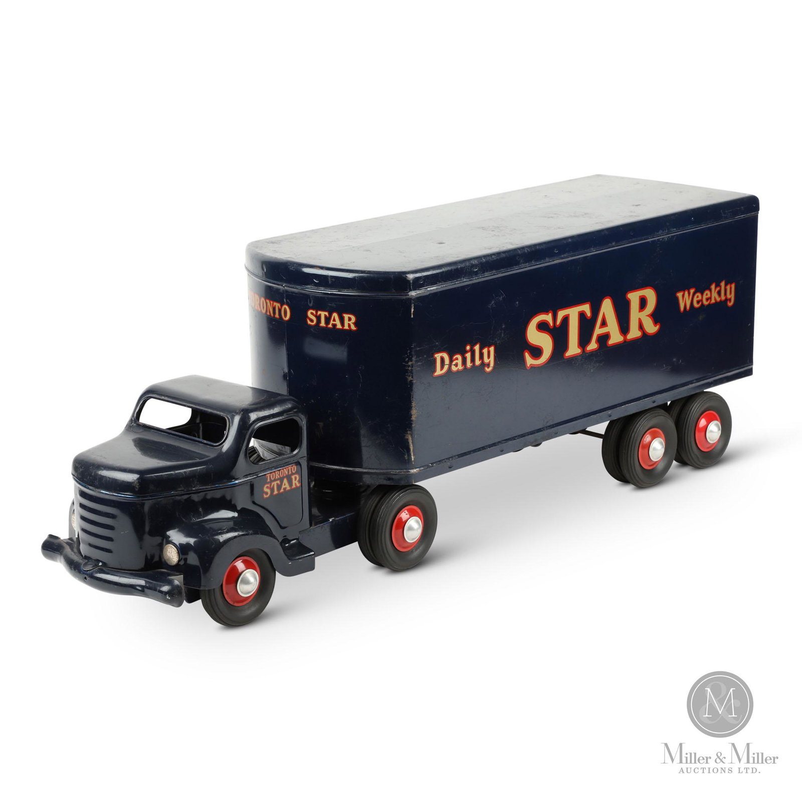 Minnitoy, Toronto Star Delivery Truck: From the Helen & Gordon Vokey Collection. Excellent. One minor impression to the top of cab. Uniform oxidization to the painted surface. Complete without touch ups or restoration. Pressed steel. Canad
