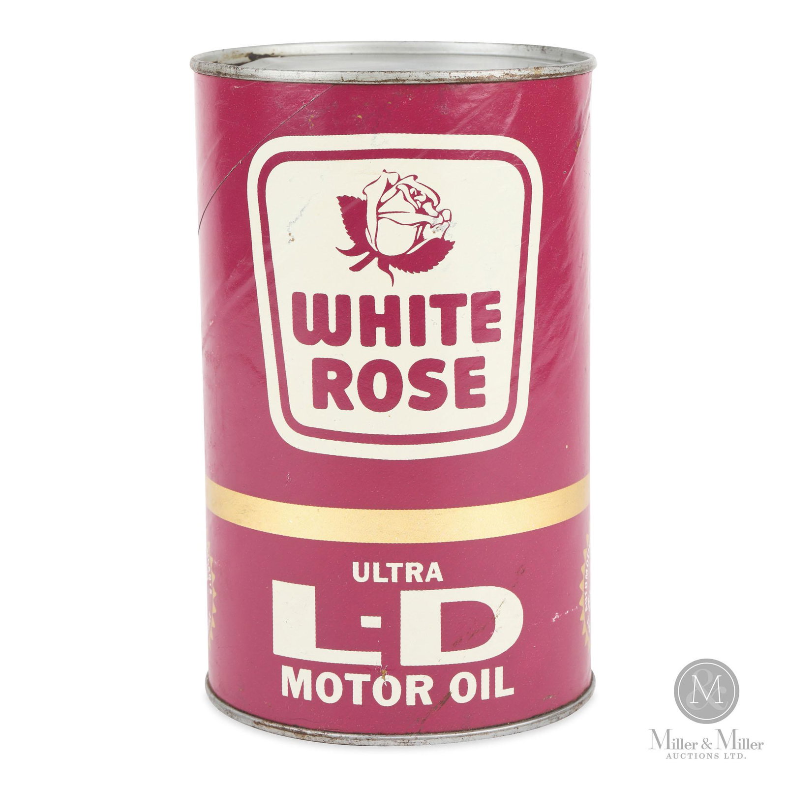 White Rose Ultra LD Motor Oil Quart Tin: Empty. Exhibits a few minor scuffs and scratches. Condition 8.75. Canadian Oil Companies. Cardboard. Canadian. c1960. 6.5" H x 4" Diameter. CODE-TIN