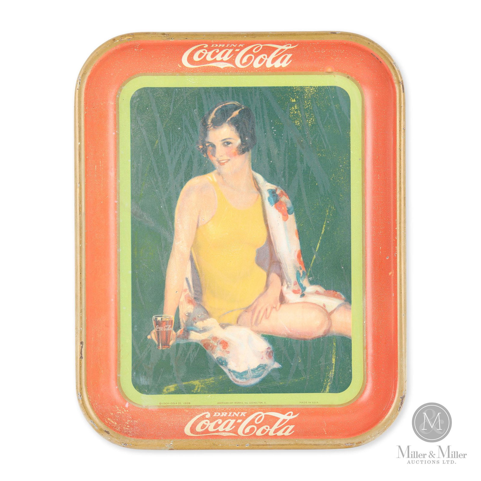 1929 Coca-Cola "Girl in Yellow Suit" Tray: Girl with glass version. From the Helen & Gordon Vokey Collection. Exhibits uniform fade and an overall chalky surface. A series of vertical scratches exist with resulting impressions. Marked: "Copyri