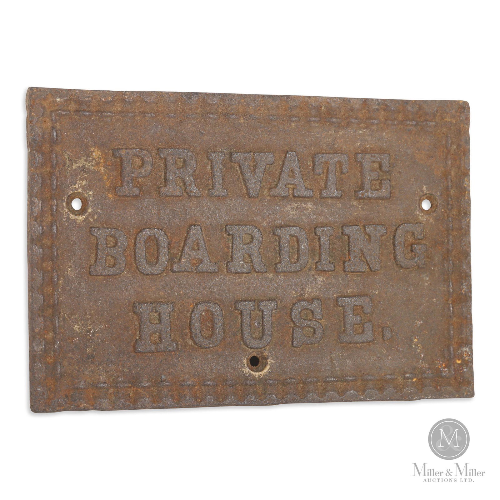 Private Boarding House Plaque: Surface exhibits uniform oxidation and minor corrosion. Cast iron. Canadian. c1920. 5" H x 7.5" W. CODE-SIG