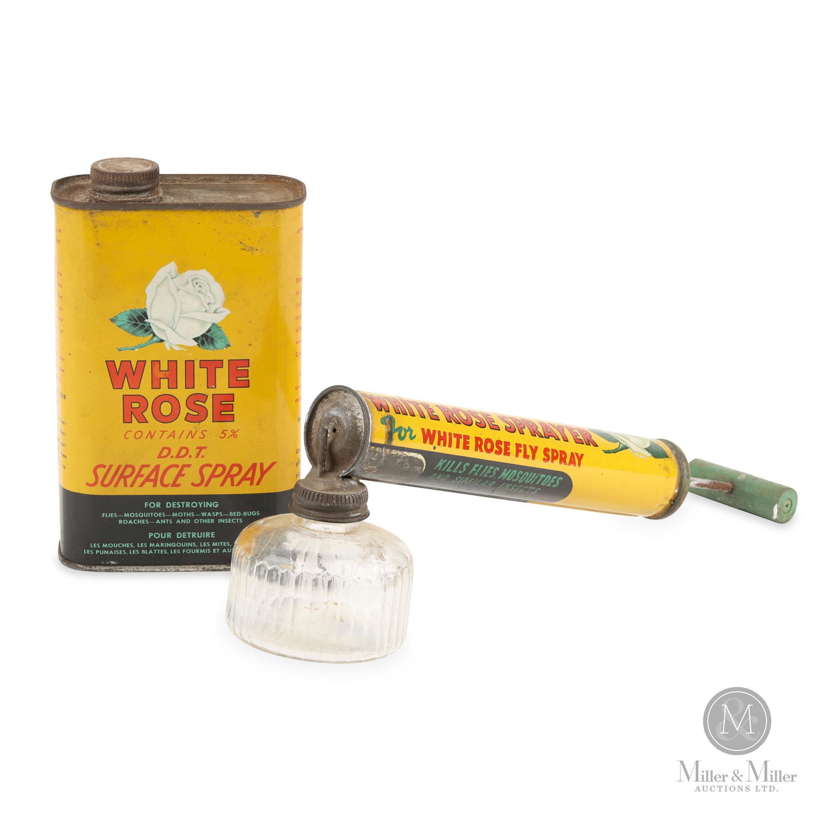 White Rose Fly Sprayer and Tin: Empty. Both exhibit scattered areas of minor surface losses and accompanying oxidation. Overall condition 8. Canadian Oil Companies. Lithographed Tin, Glass. Canadian. c1940. Sprayer: 3.75" H x 10.5" 