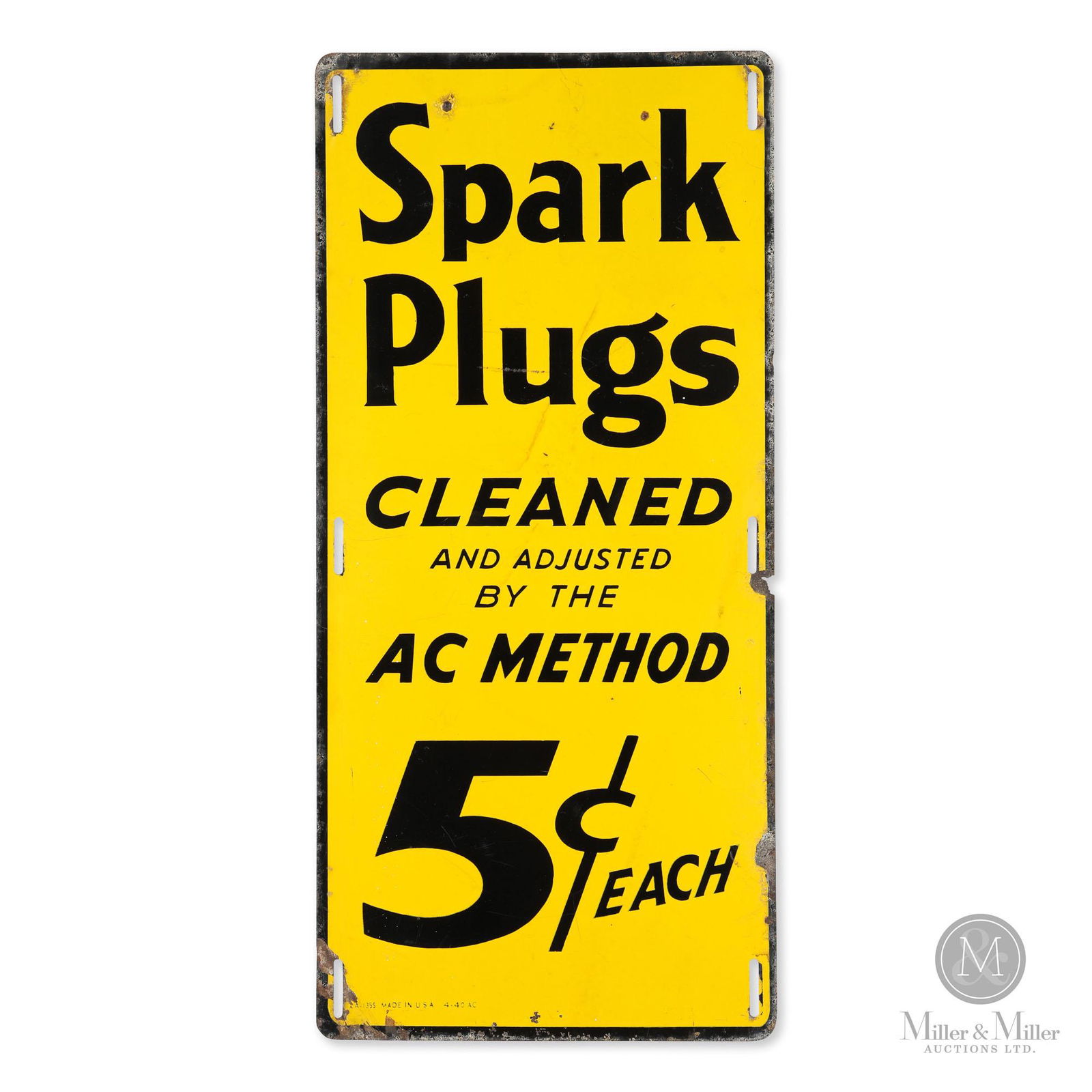 AC Spark Plug Cleaning Sign: Originally mounted to a spark plug cleaning cabinet. From the Helen & Gordon Vokey Collection. Exhibits surface losses and oxidation at extreme edges. The heaviest losses are from the lower left and r