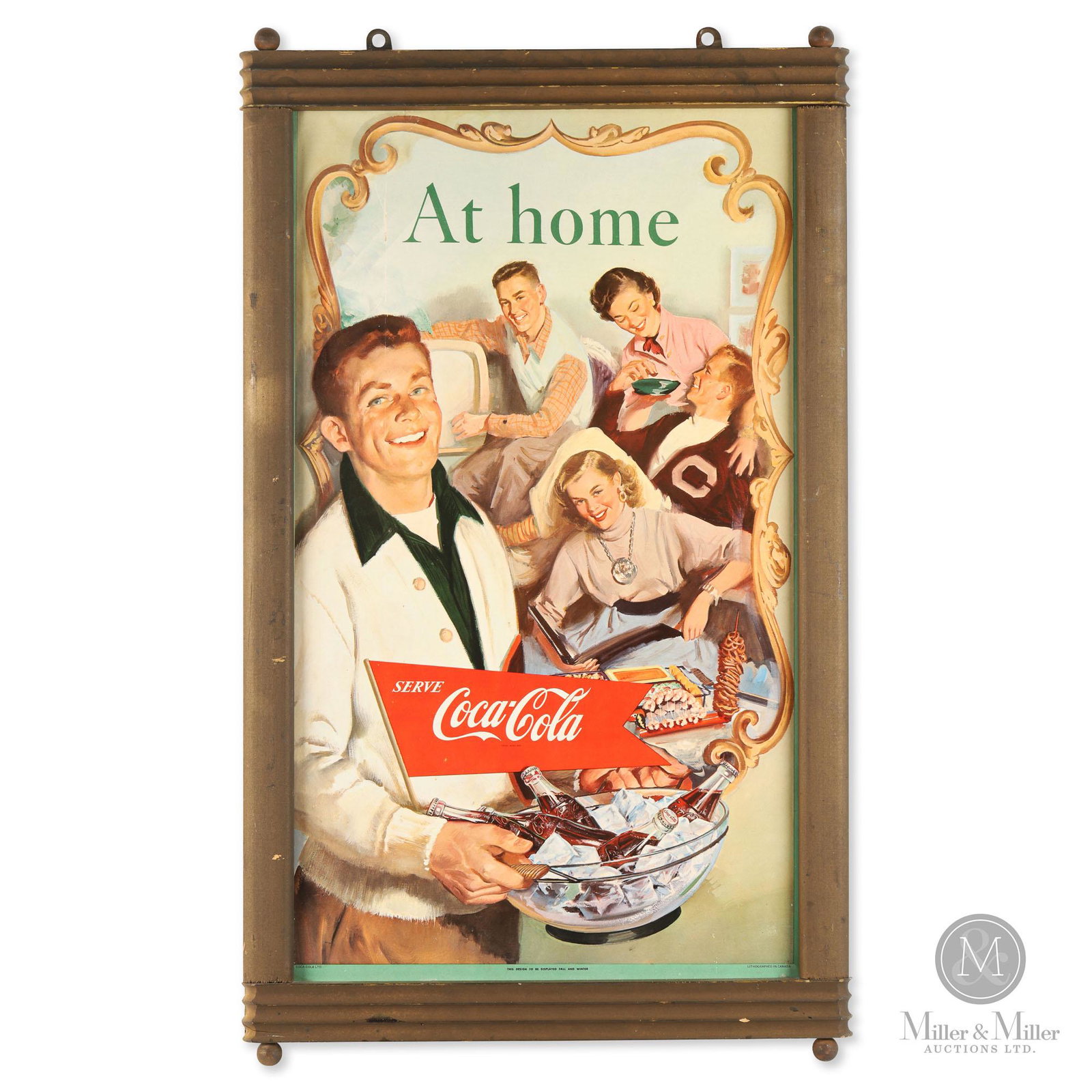 Coca-Cola "Campus Fun" Poster: Double sided, one side for display in Fall and Winter, the other side for Spring and Summer. From the Helen & Gordon Vokey Collection. Water stain and delamination is evident along the upper edge and 