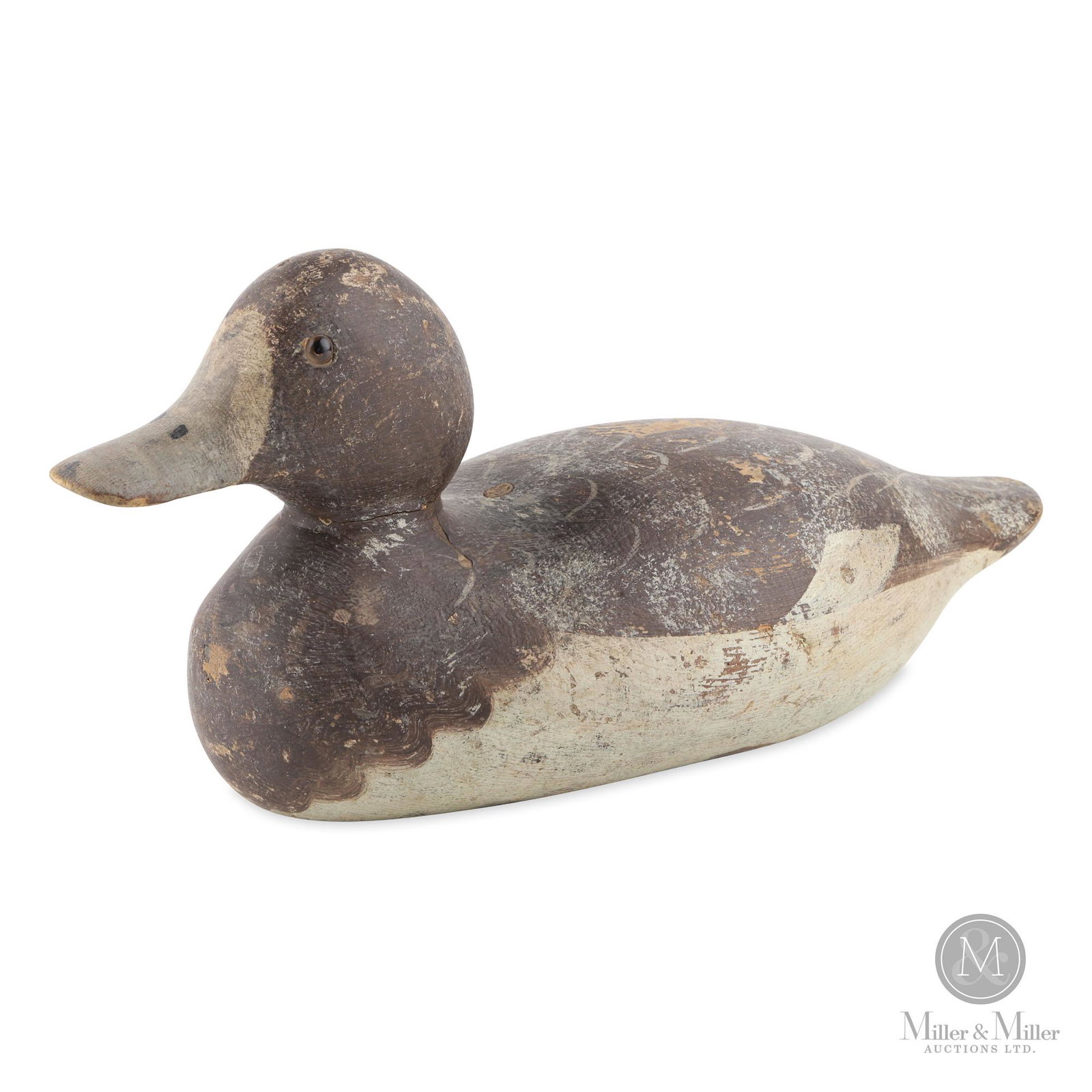 Mason Factory Decoy: Hen Bluebill, Standard Grade glass eye. Original paint with moderate wear; strong swirl paint and feather loops. Structurally good with neck putty in place. Mason Decoy Factory. Wood, glass eyes. Amer
