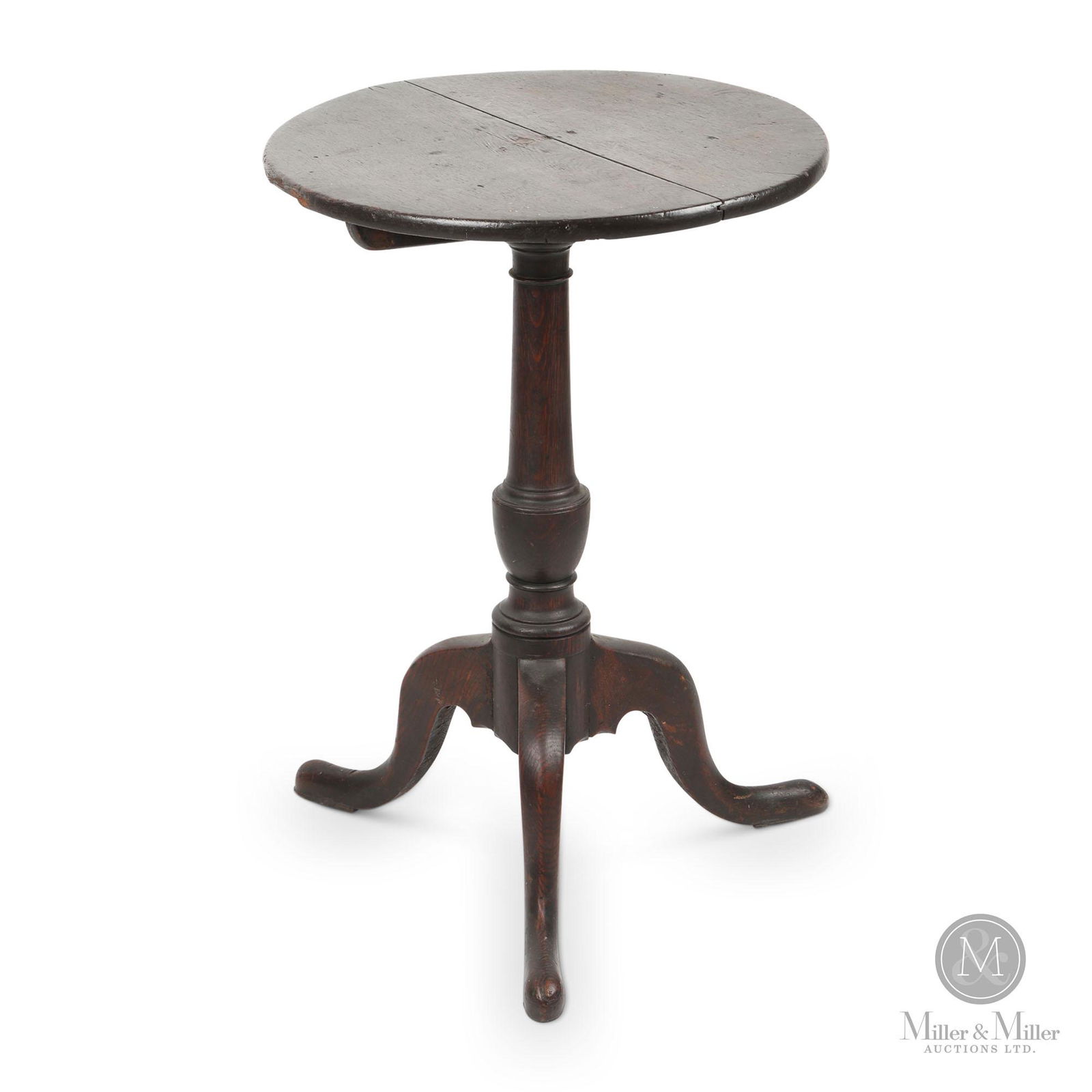 Georgian Candlestand: Georgian period candlestand with urn shaped column support on three cabriole legs. The two board top is likely an early replacement. Featured in March/April 2022 Canadian Antiques and Vintage Magazine