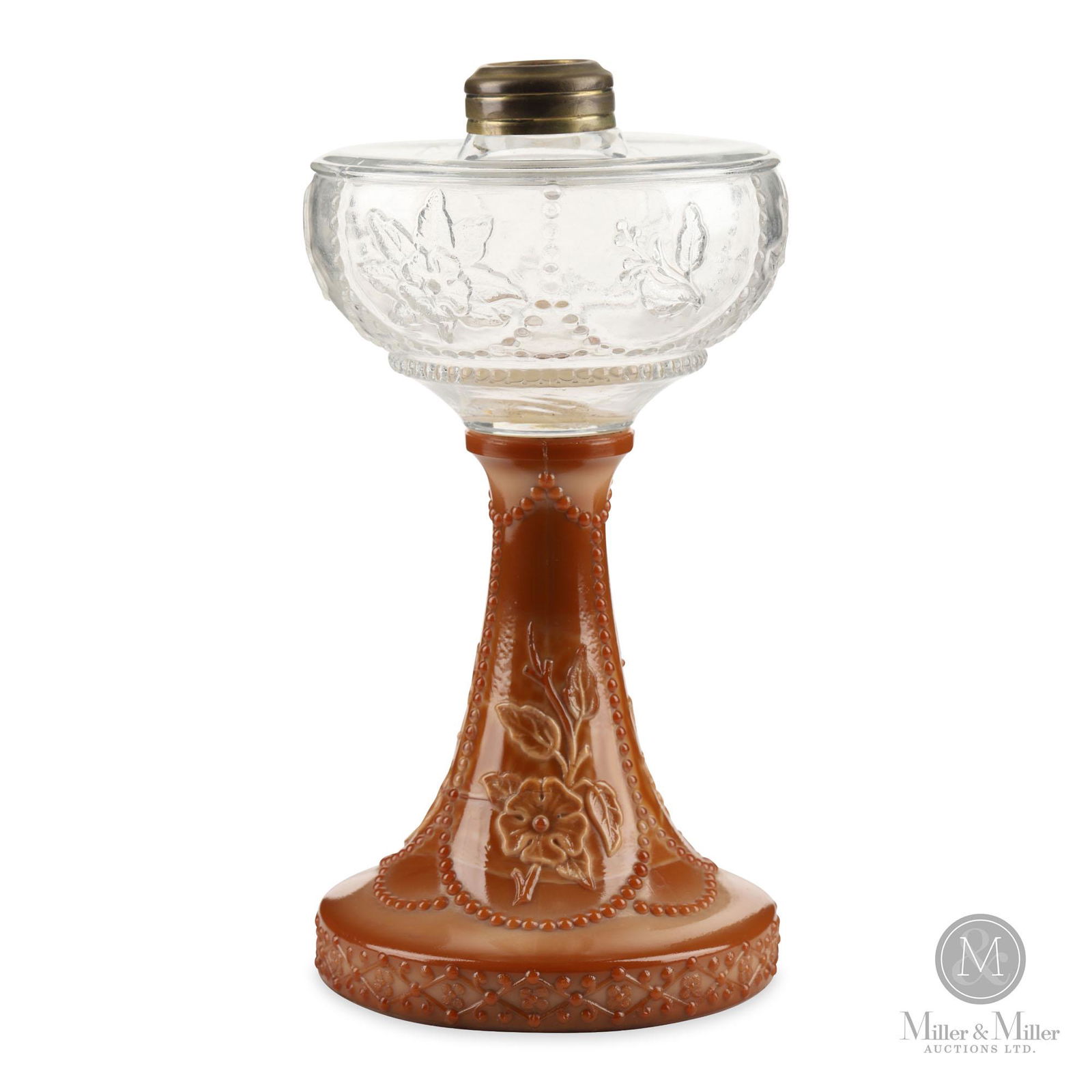Sultan Chocolate and Clear Oil Lamp: This is a clean example with crisp patterns on the chocolate colour base and the clear fount. The pattern name is confusing since it was advertised and sold by at least three different companies. Sult