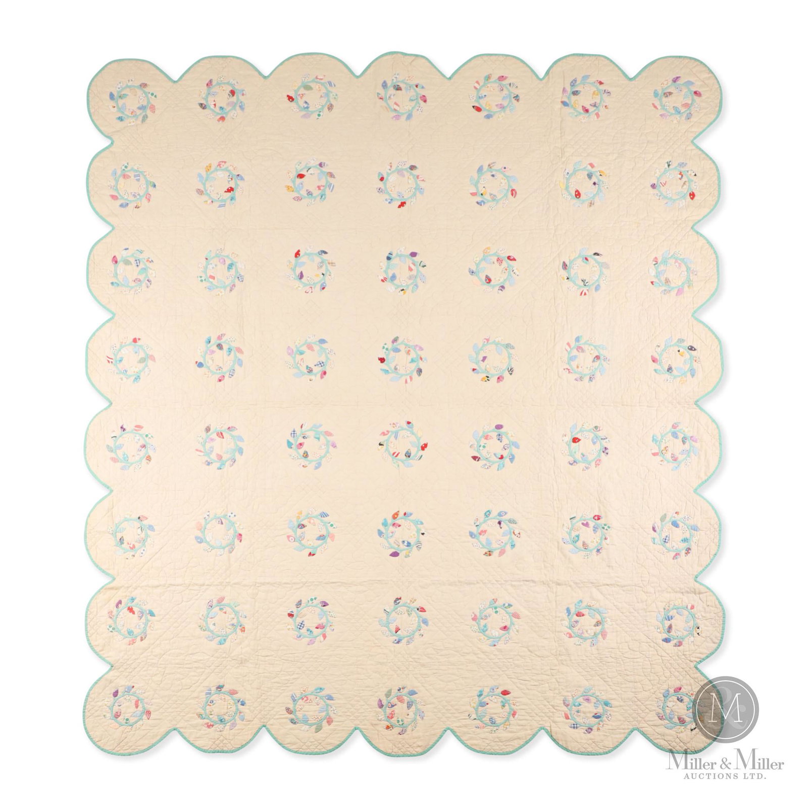 Leaf Wreath Quilt: Leaf Wreath Quilt with scalloped edges. Nice quilting (wreaths and checkerboard design). Applique leaves on the wreath - with pattern worked in miniature. Scalloped edge is hand-bound. From the Tanenb