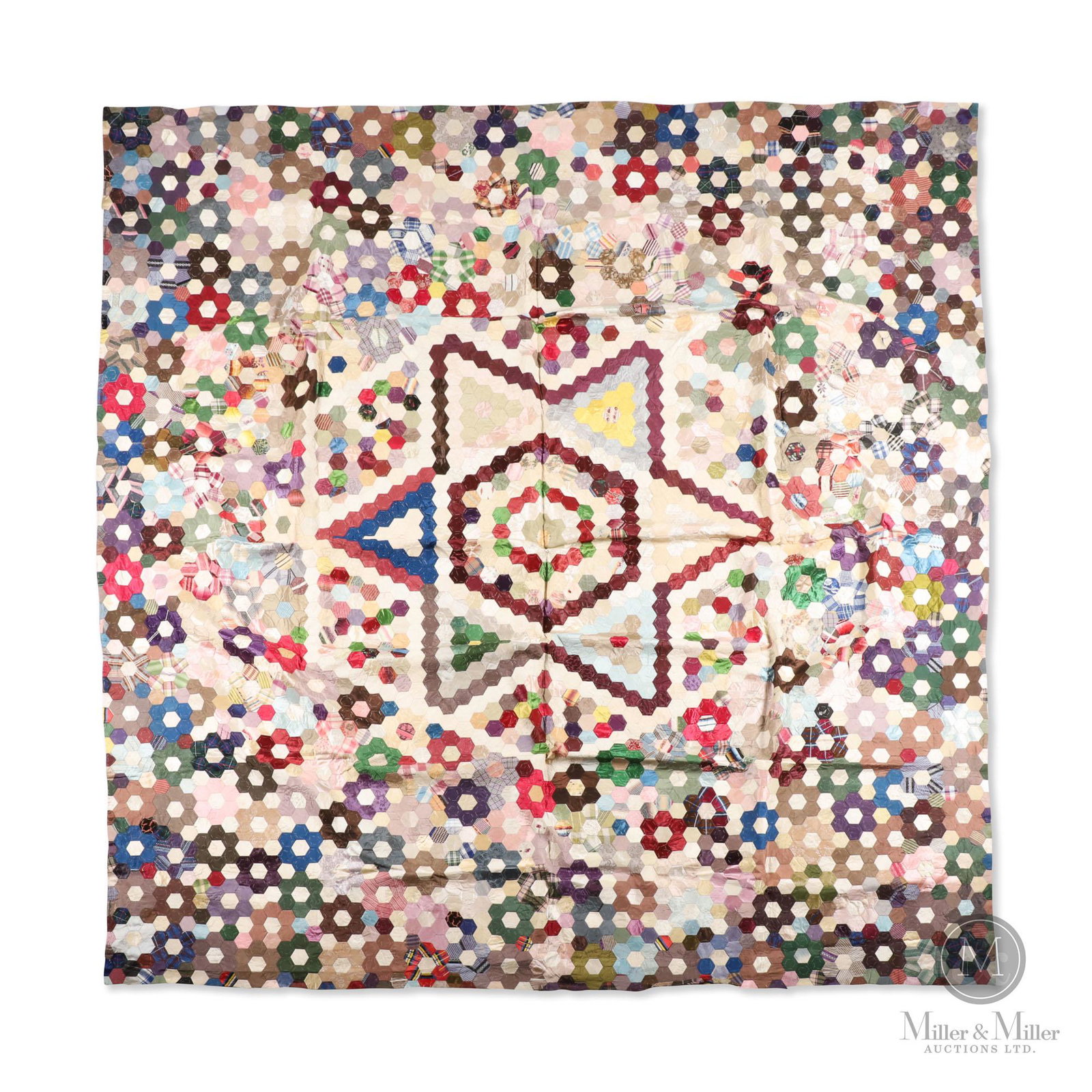 Silk Flower Garden Quilt Top: Flower Garden Quilt Top with a wonderful collection of 19th century solid coloured silks. Calligraphy paper pieces cut into hexagon shapes are used to form the pattern. The centre field is a six point