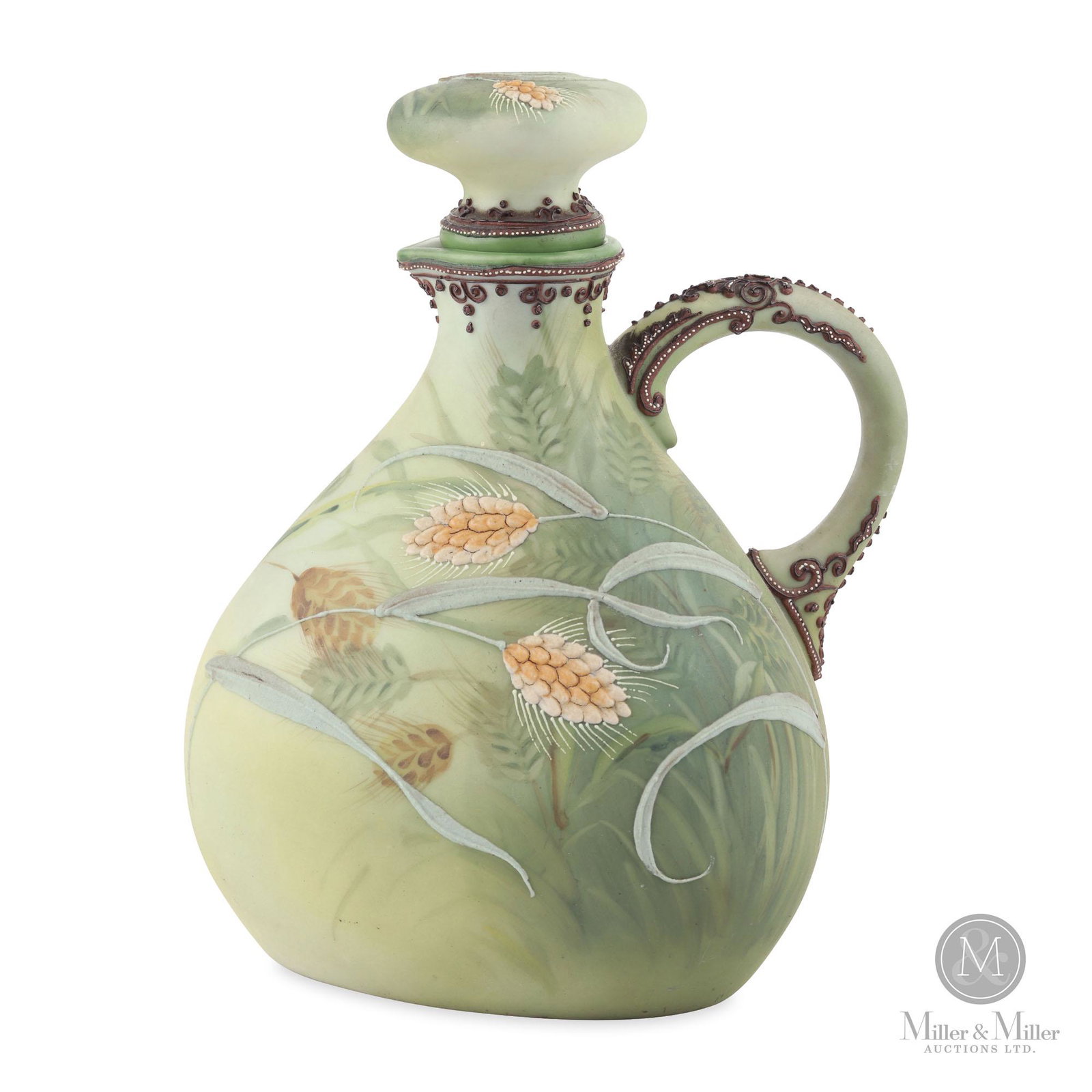 Nippon Wine Jug: Unusual shape. Hand painted artist craft with detailed moriage on handle and moulded in relief seed. Original cork stopper. Cereal grain decoration. The original cork of the stopper has a reinforcing 