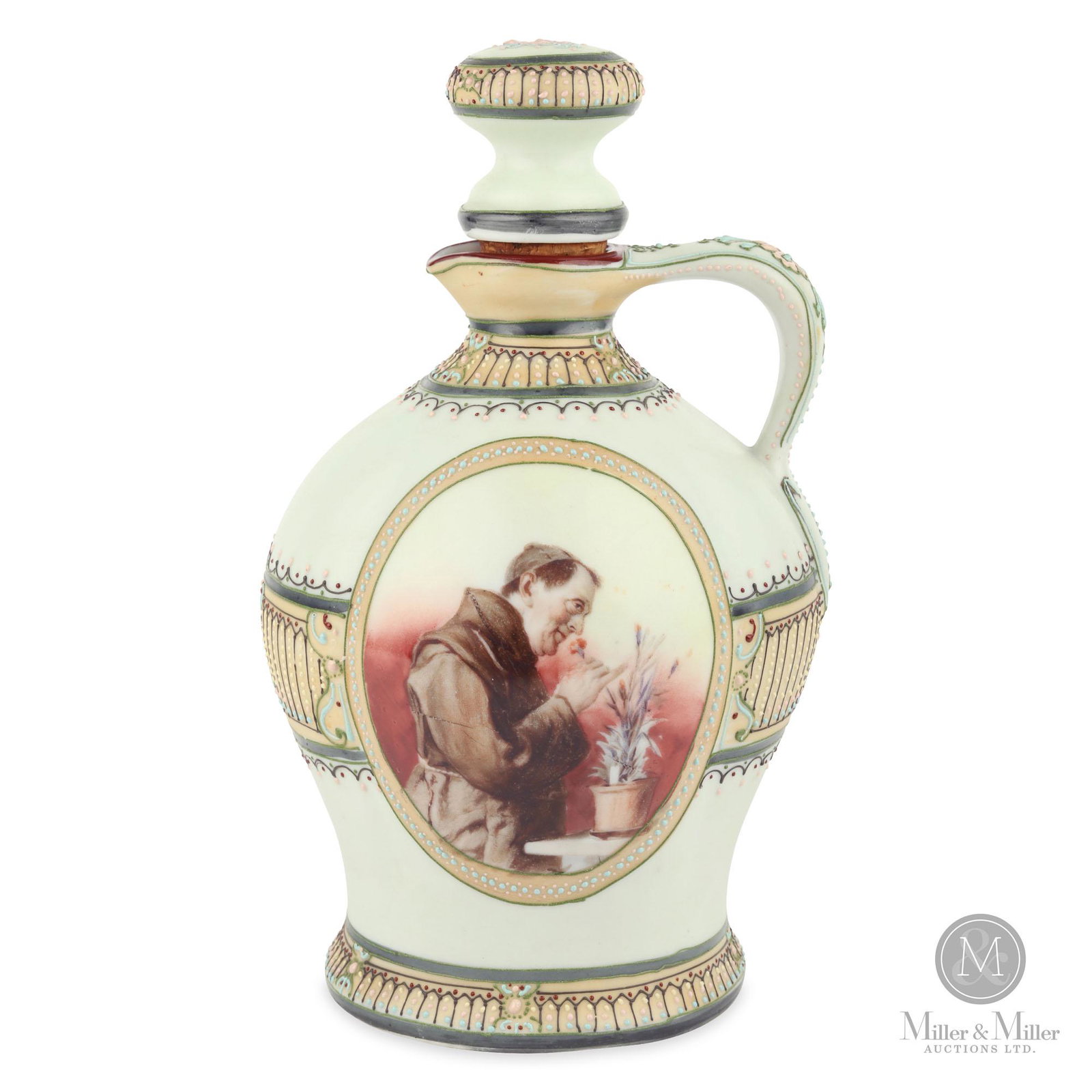 Nippon Monastic Series Wine Jug: Hand painted artist accents on transfer with detailed moriage and bead work. Original cork stopper. Van Patton Book 7, page 12. Excellent condition. Marked: "Nippon Hand Painted" in blue (Maple Leaf N