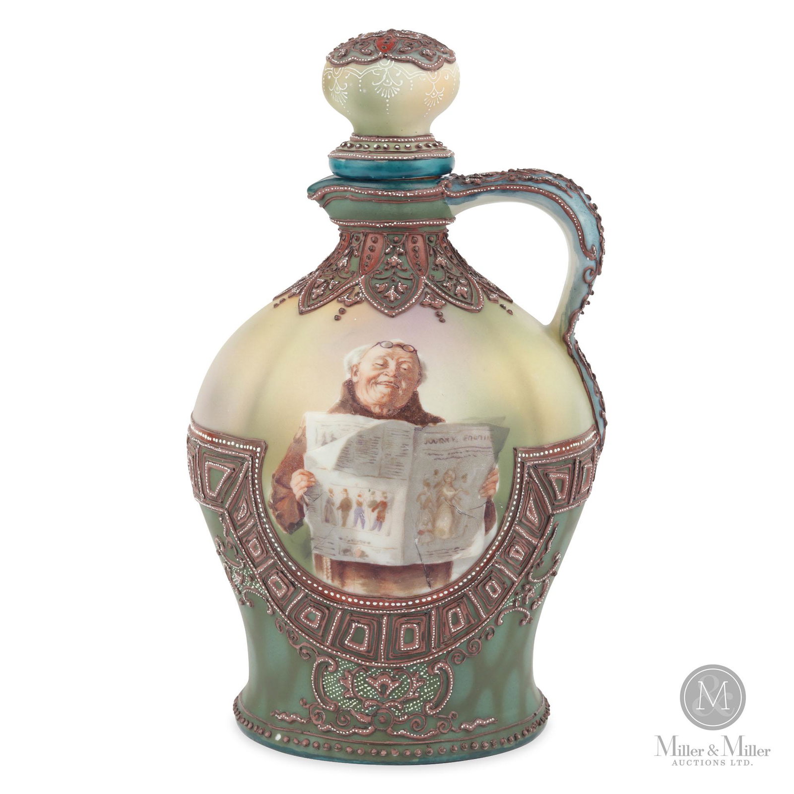 Nippon Monastic Series Wine Jug: Hand painted artist accents on transfer with detailed moriage and bead work. Original cork stopper. Van Patton Book 7, page 10. 1/4" hairline crack in inner spout edge. Two enamel beads missing on the