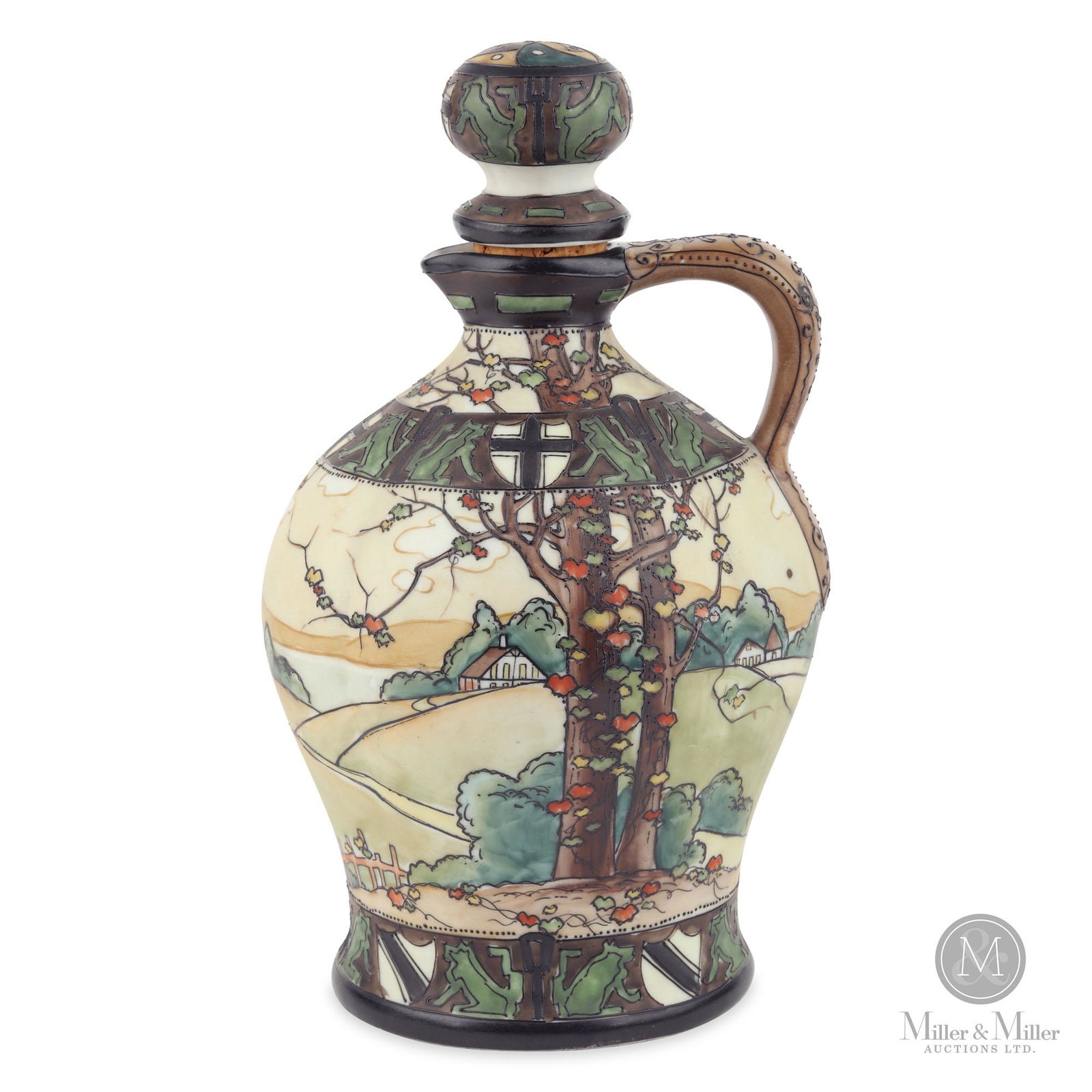 Nippon Woodland Scene Wine Jug: Exceptional artist hand painted scene with moriage details. Original cork stopper. Van Patton Book 2, plate 771. This also has Heraldic band decoration. Excellent condition. Marked: "Nippon Hand Paint
